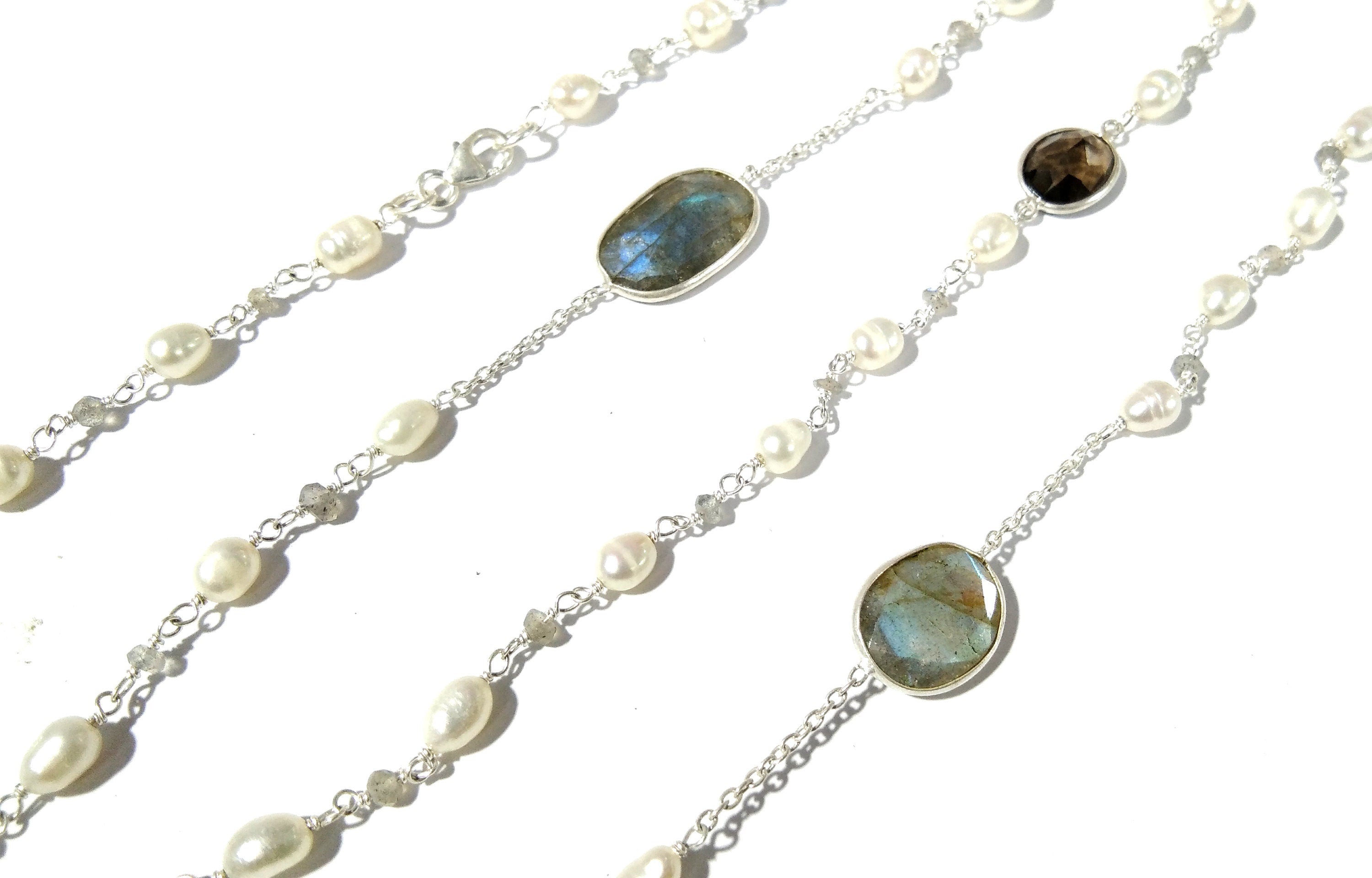 36'' Inch Log Beaded Necklace ! Lebradorite Necklace With Pearl & Smoky Quartz, 925 Sterling Silver Jewelry, Handmade Beaded Necklace.