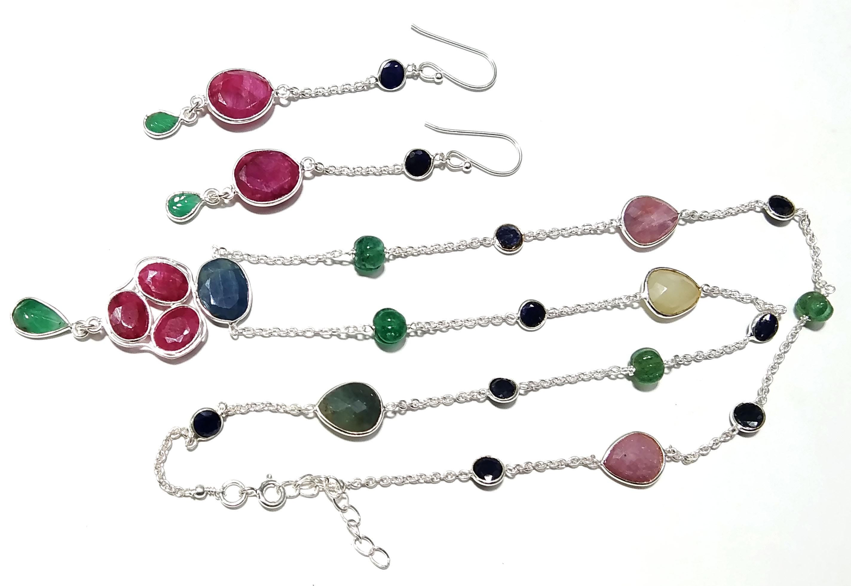 Natural Red Ruby/Multi Tourmaline Gemstone Necklace Earring Jewelry Set, 925 Sterling Silver Necklace Earring Jewelry Gift For Girls & Women