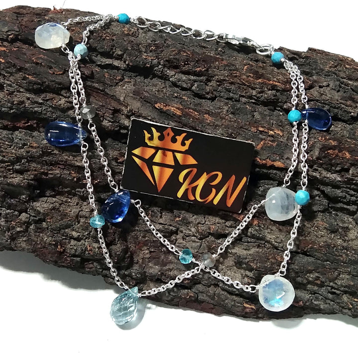 Blue Kyanite/Moonstone Bracelet, 925 Solid Sterling Silver Bracelet, Natural Rainbow Moonstone Adjustable Bracelet, 8 inches Gift Bracelet