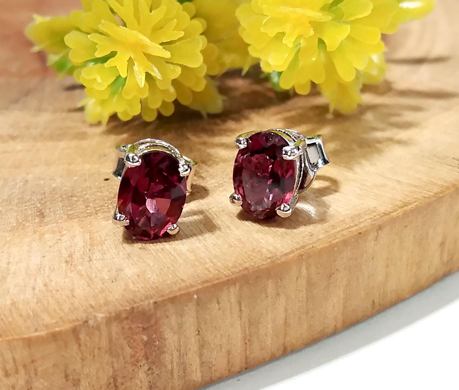 Natural Garnet Stud Earrings, 925 Starling Silver Earring Jewelry, Red Garnet Gemstone Oval Shape Stone Size 7x5 mm Christmas Gift For Her