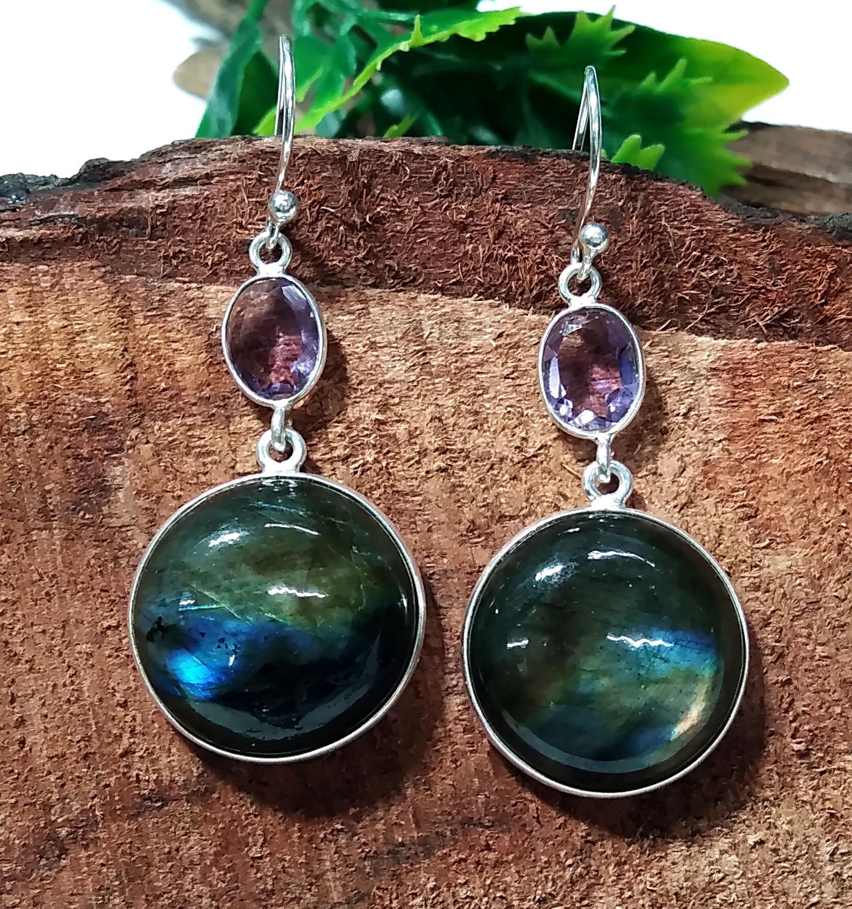 Labradorite, Amethyst Gemstone Earring, 925 Solid Starling Silver Earring, Natural Labradorite Stone Size 20x20mm Gift For Girls & Women.