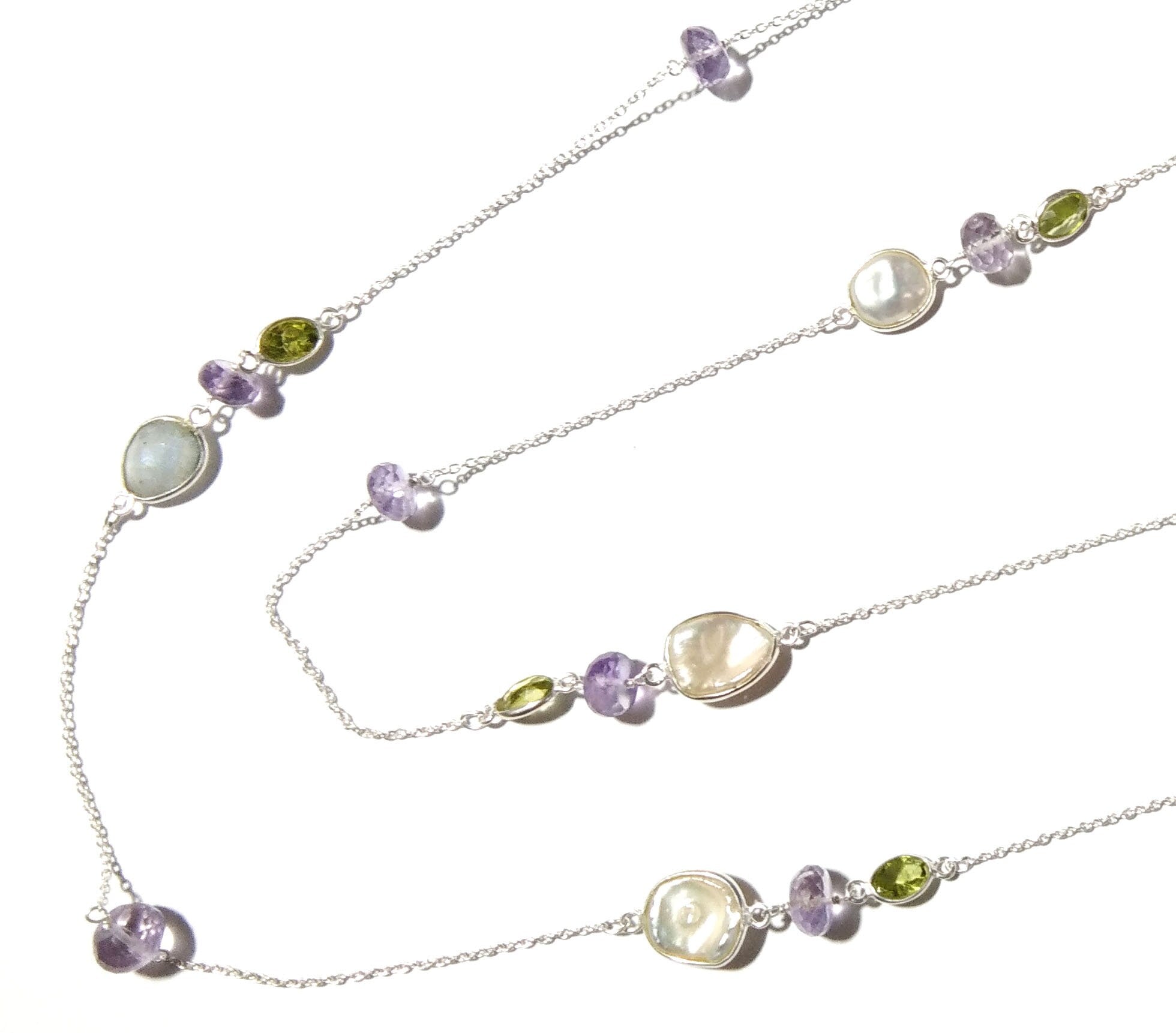 Beaded Log Necklace ! 925 Starling Silver With Natural Gemstone Peridot, Amethyst & Fresh Water Pearl Necklace, Beautiful Necklace For Women