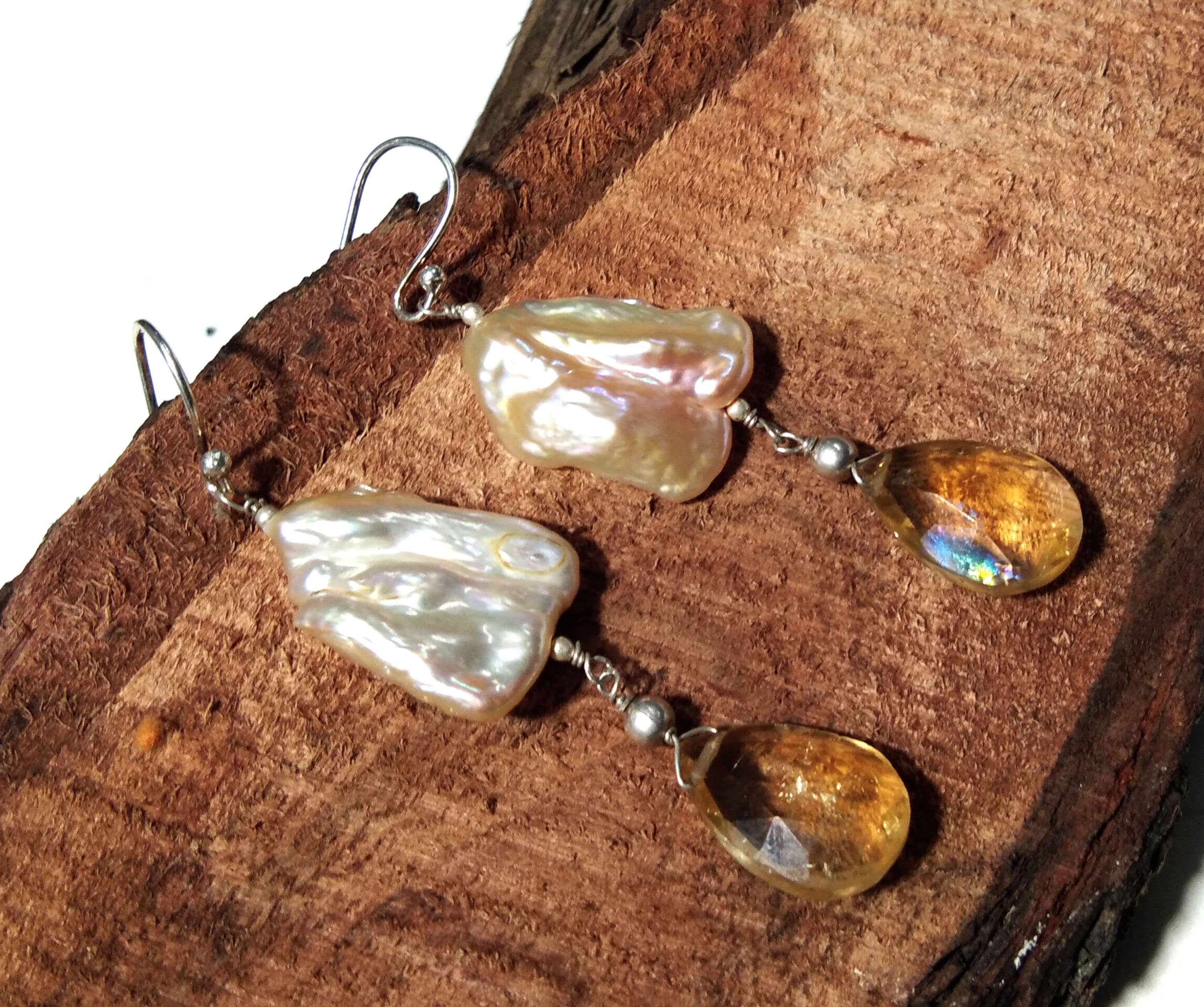 Natural Fresh Water Baroque Pearl & Citrine Gemstone Drop Earring, Solid 925 Starling Silver Earring, Girls/Women Gifts Wedding Earring