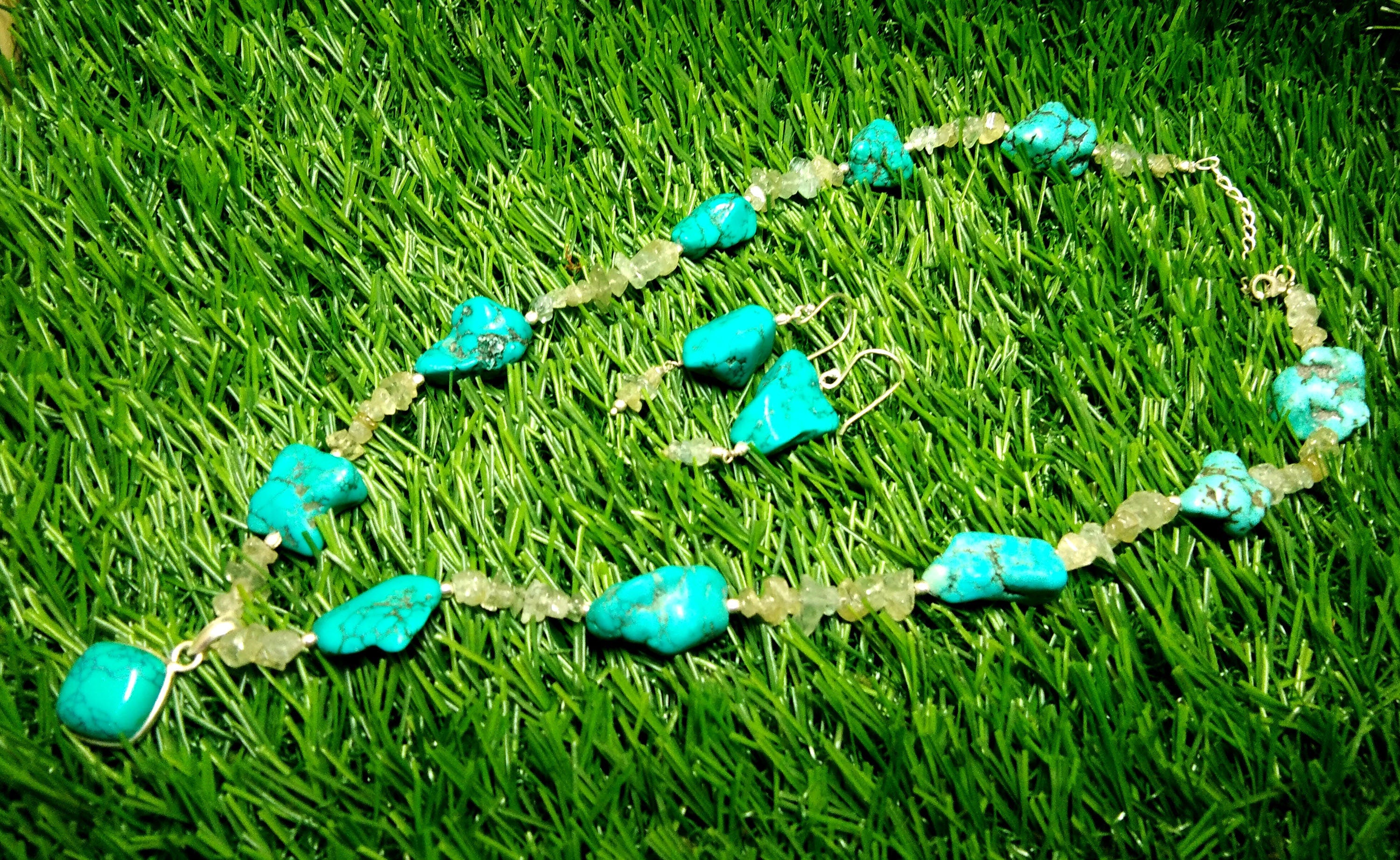 Long Natural Turquoise Rough Gemstone Necklace and Earring Aquamarine Rough Beads Necklace Set 925 Starling Silver Handmade Jewelry For Gift