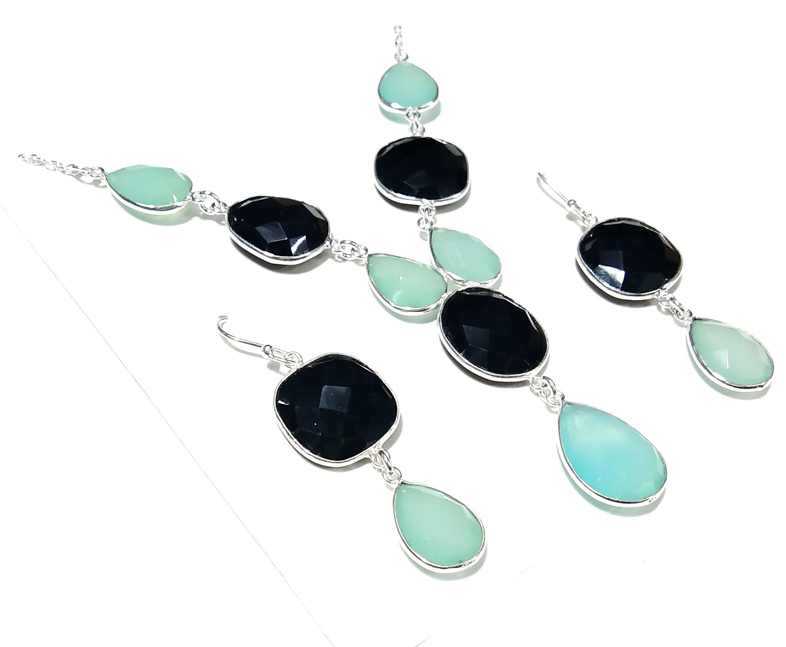 Natural Black Onyx & Chalcedony Stone Drop Earring And Necklace Jewelry Set, 925 Solid Sterling Silver Necklace Earring Jewelry Gift For Her