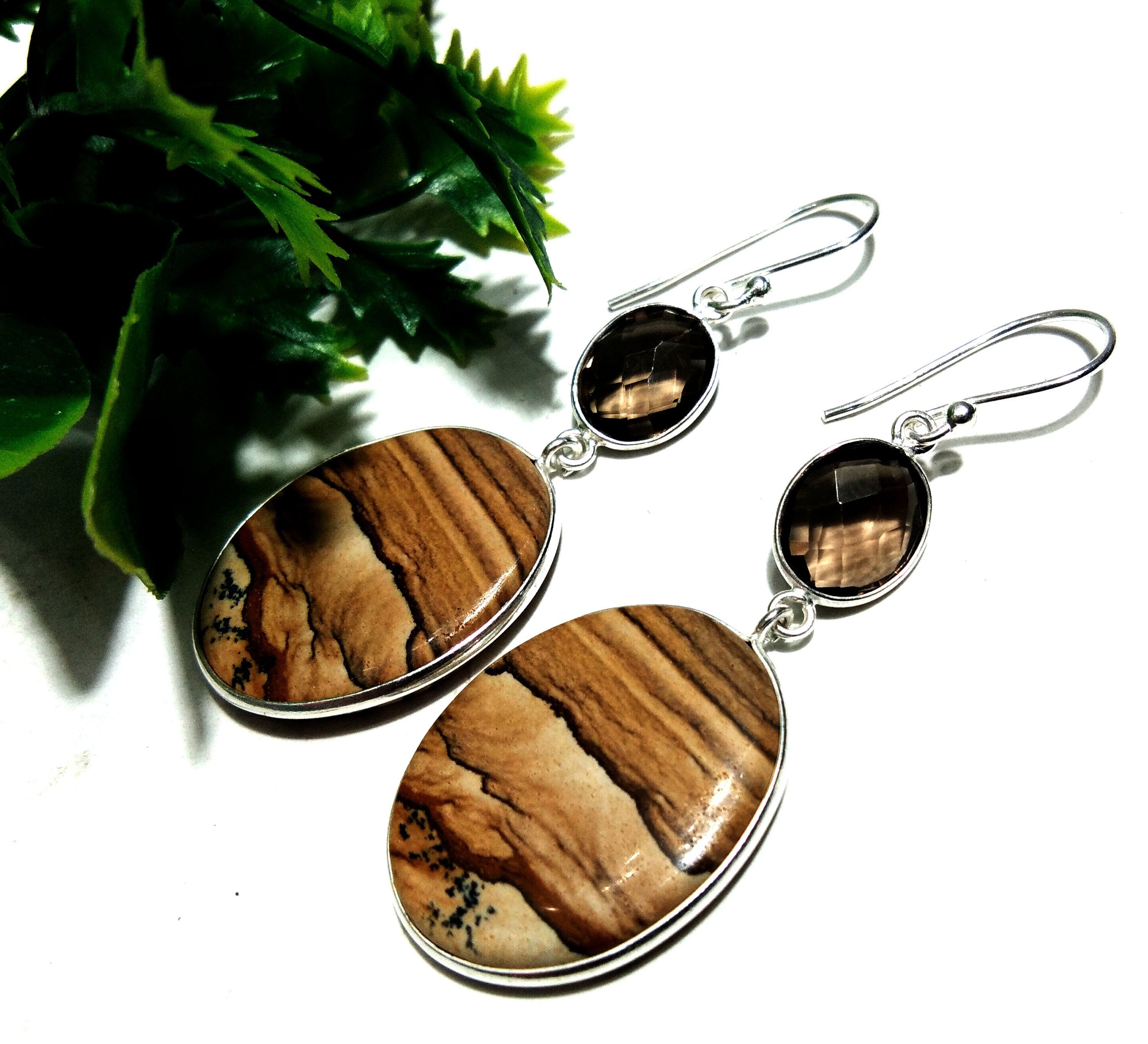 Natural Picture Jasper Earring Gemstone, 925 Solid Starling Silver Earring Jewelry Oval Shape Stone Size 24x19 mm Jasper For Gift Earring