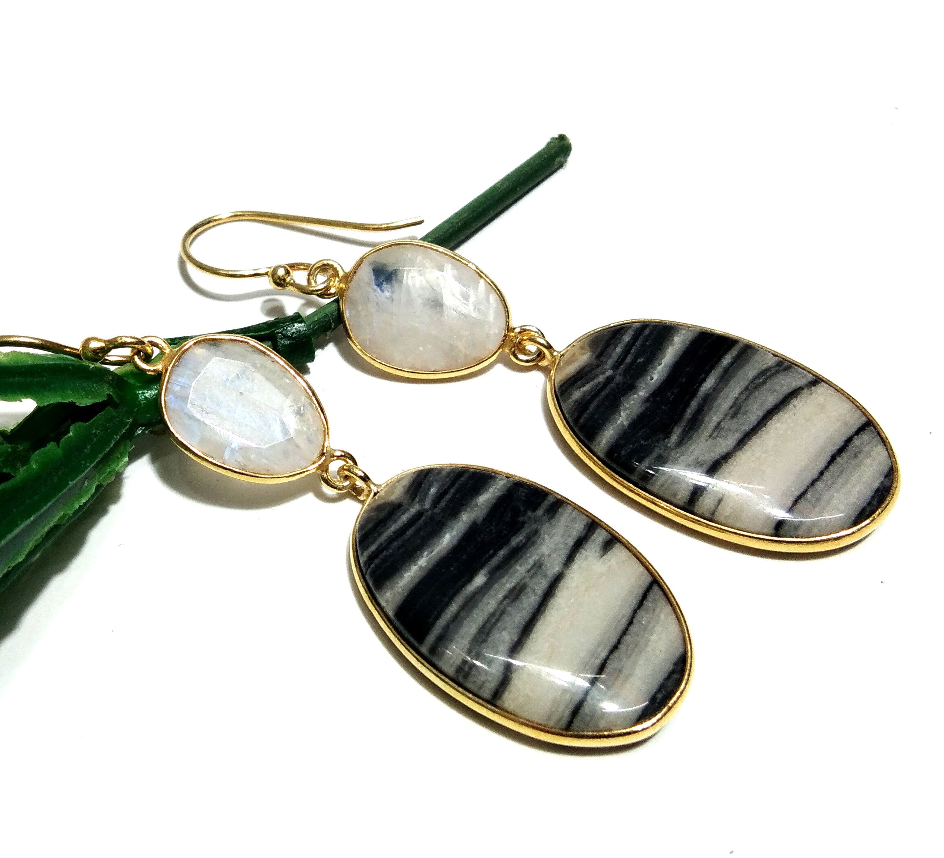 Natural Stone Zebra Jasper & Rainbow Moonstone Earring, 925 Starling Silver With Gold Plated Earring, Bezel Handmade Earring For Girls/Women