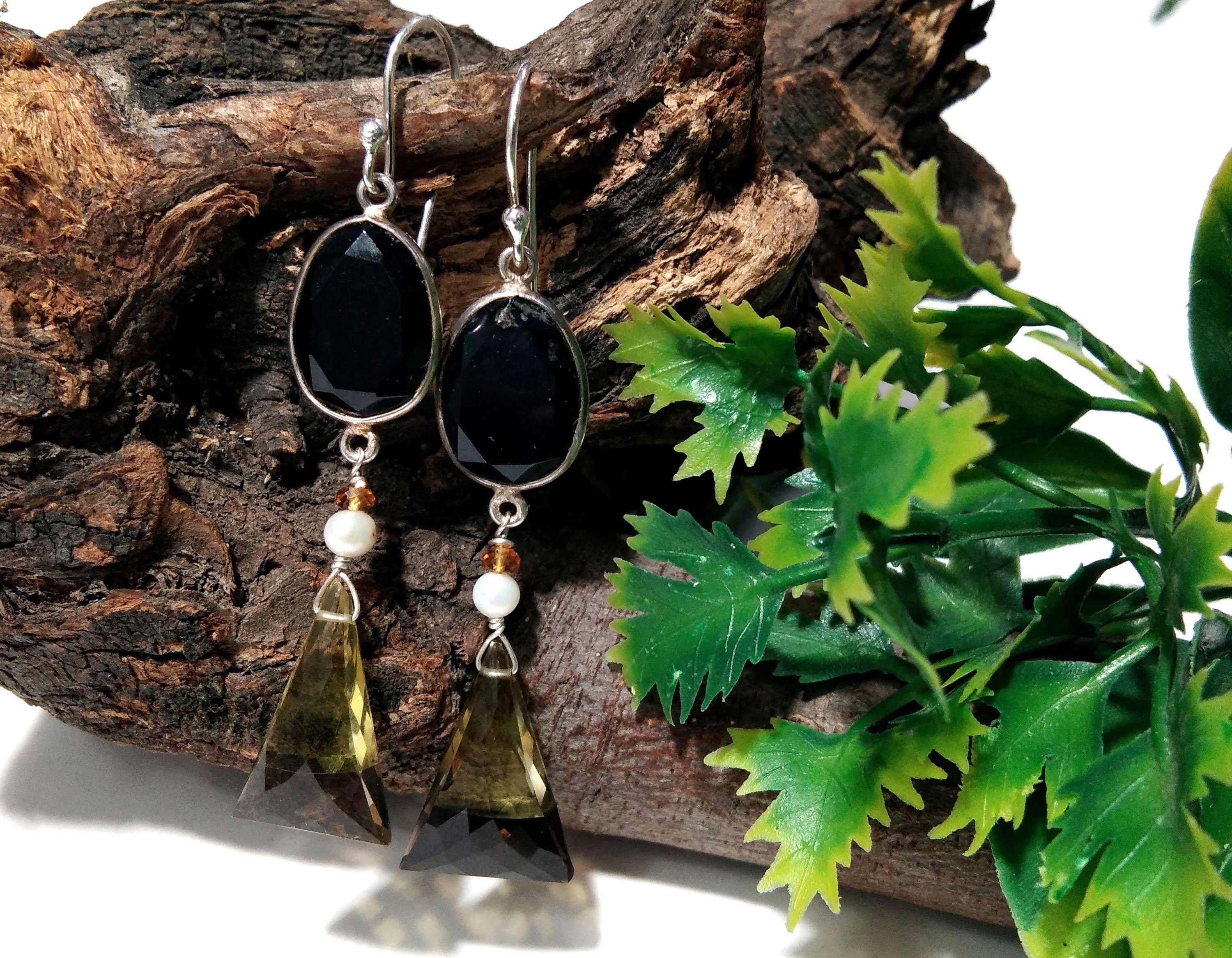Natural Doublet Gemstone Lemon & Smoky Quartz Multi Stone Earrings, With 925 Starling Silver Jewelry Earring, For Gifts Girls/Women