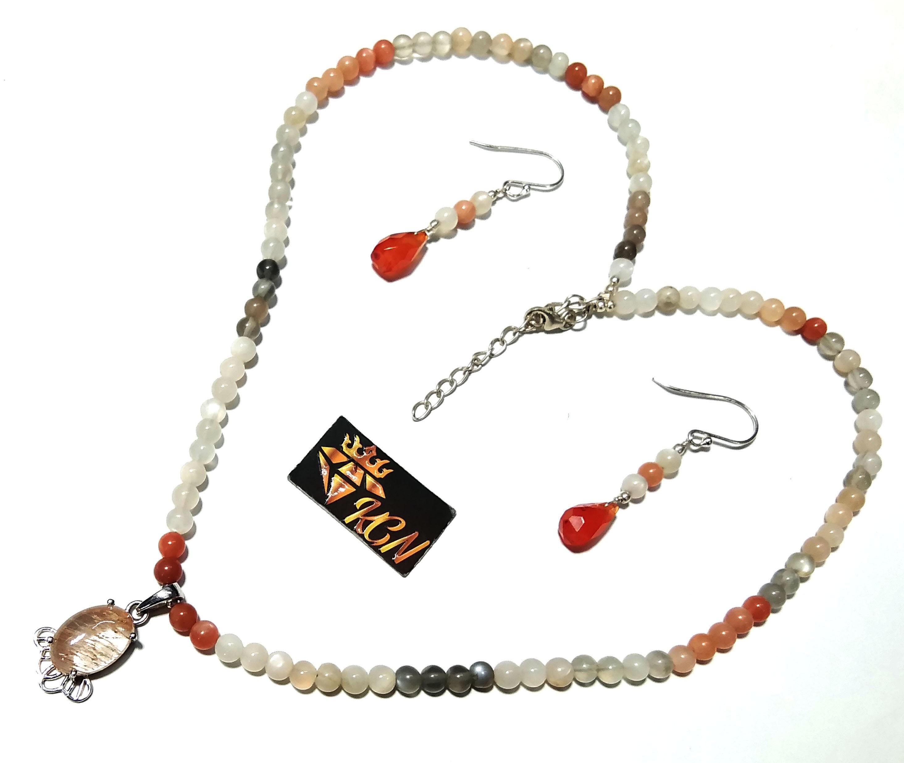 Natural Rutile Quartz/Peach Moonstone Beads Necklace Earring Jewelry Set, 925 Sterling Silver Necklace Beaded Necklace Statement Jewelry