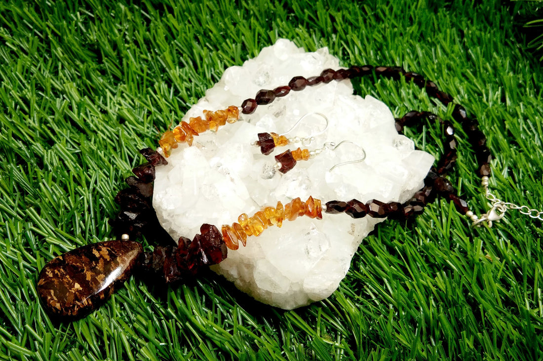 Natural Bronzite/Red Garnet Raw Gemstone Bead Necklace Set, 925 Sterling Silver Jewelry, Necklace/Earring Beaded Set's For Gift Jewelry