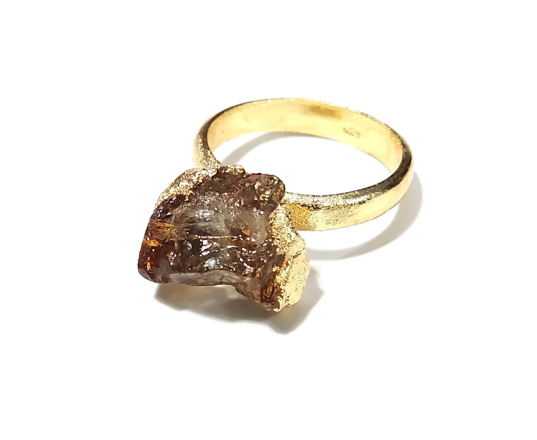 Raw Citrine Gemstone Ring, Solid 925 Sterling Silver Gold Plated Ring, Citrine Stone Size 12x9mm Handmade Rough Ring, Gift Wedding Ring