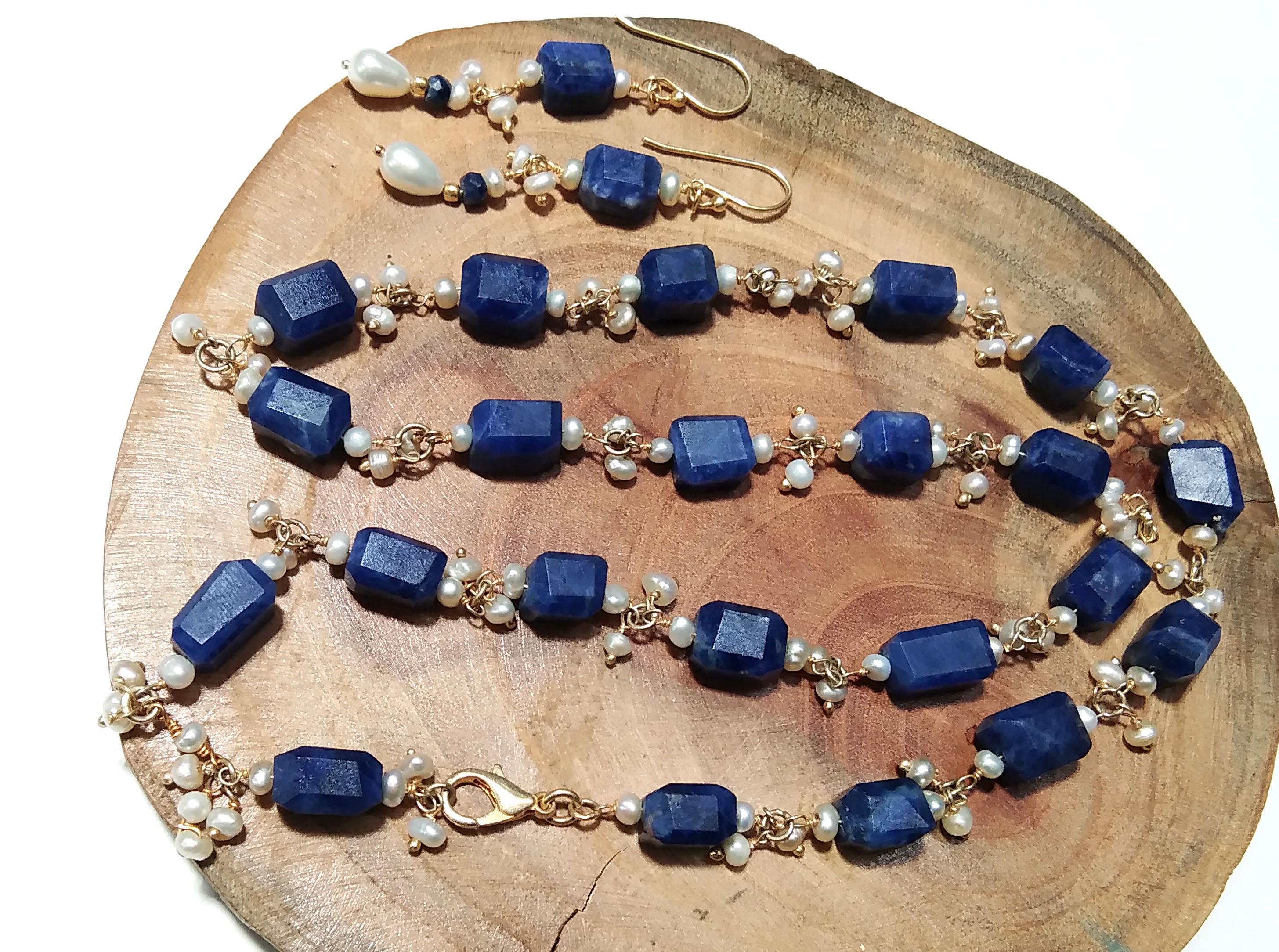 Natural Sodalite, Pearl Gemstone Necklace Earring Jewelry Set, 925 Solid Sterling Silver With Gold Plated Necklace Earring, Necklace Set