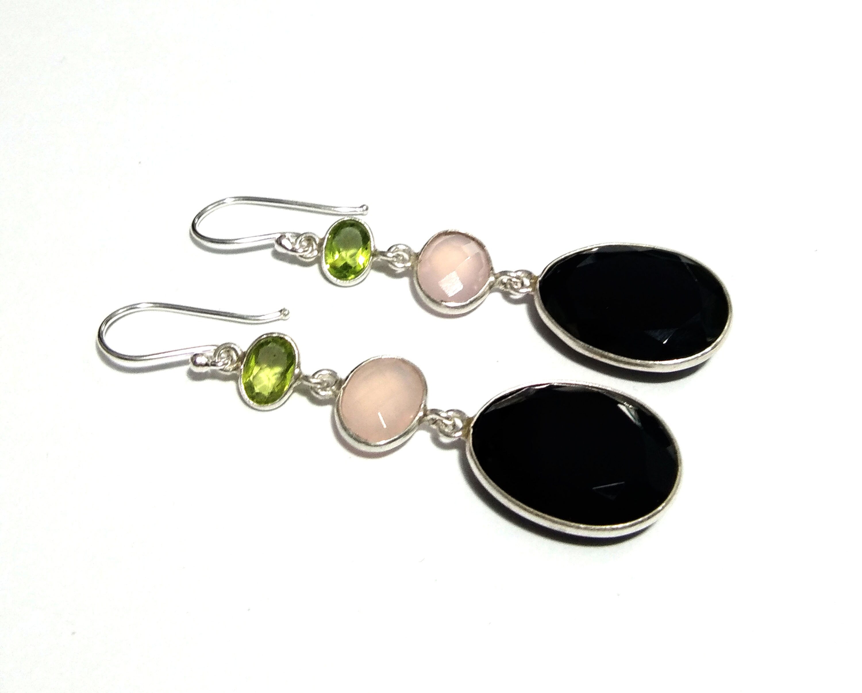 Natural Black Onyx/Peridot/Rose Quartz Stone Earring, 925 Solid Starling Silver Earring, Onyx/Rose Quartz Gemstone Gift Birthday Earring