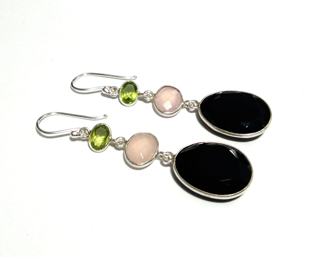 Natural Black Onyx/Peridot/Rose Quartz Stone Earring, 925 Solid Starling Silver Earring, Onyx/Rose Quartz Gemstone Gift Birthday Earring
