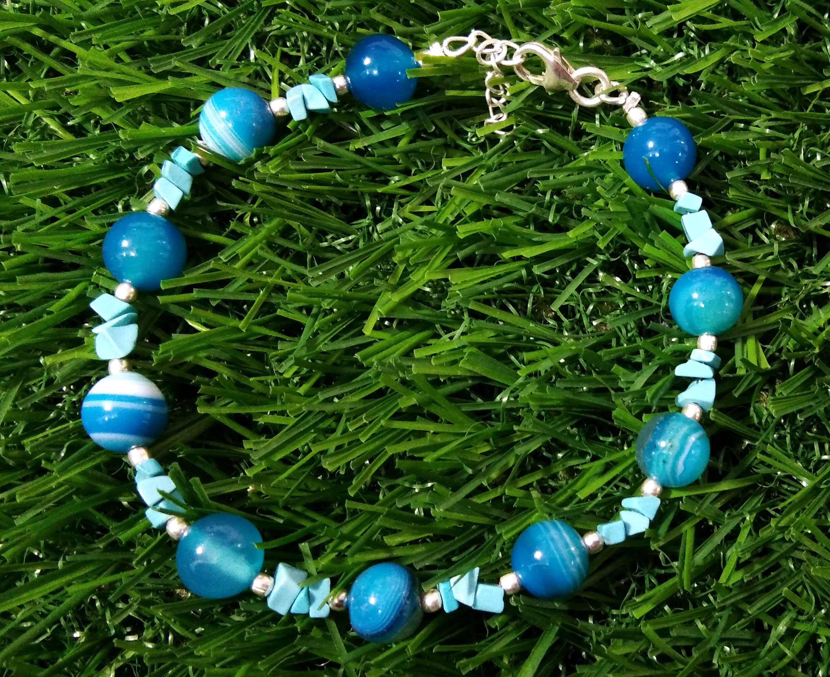 Blue Lace Agate & Turquoise Healing Crystal Beaded Bracelet, Natural Gemstone With 925 Silver Jewelry, Bridesmaid Gift, Friendship Bracelet