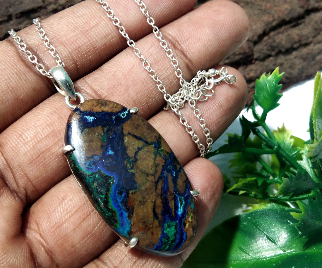 Natural Azurite Malachite Gemstone Chain Pendant Necklace, 925 Sterling Silver Pendant Jewelry Handmade Pendant Necklace & Easter Pendant