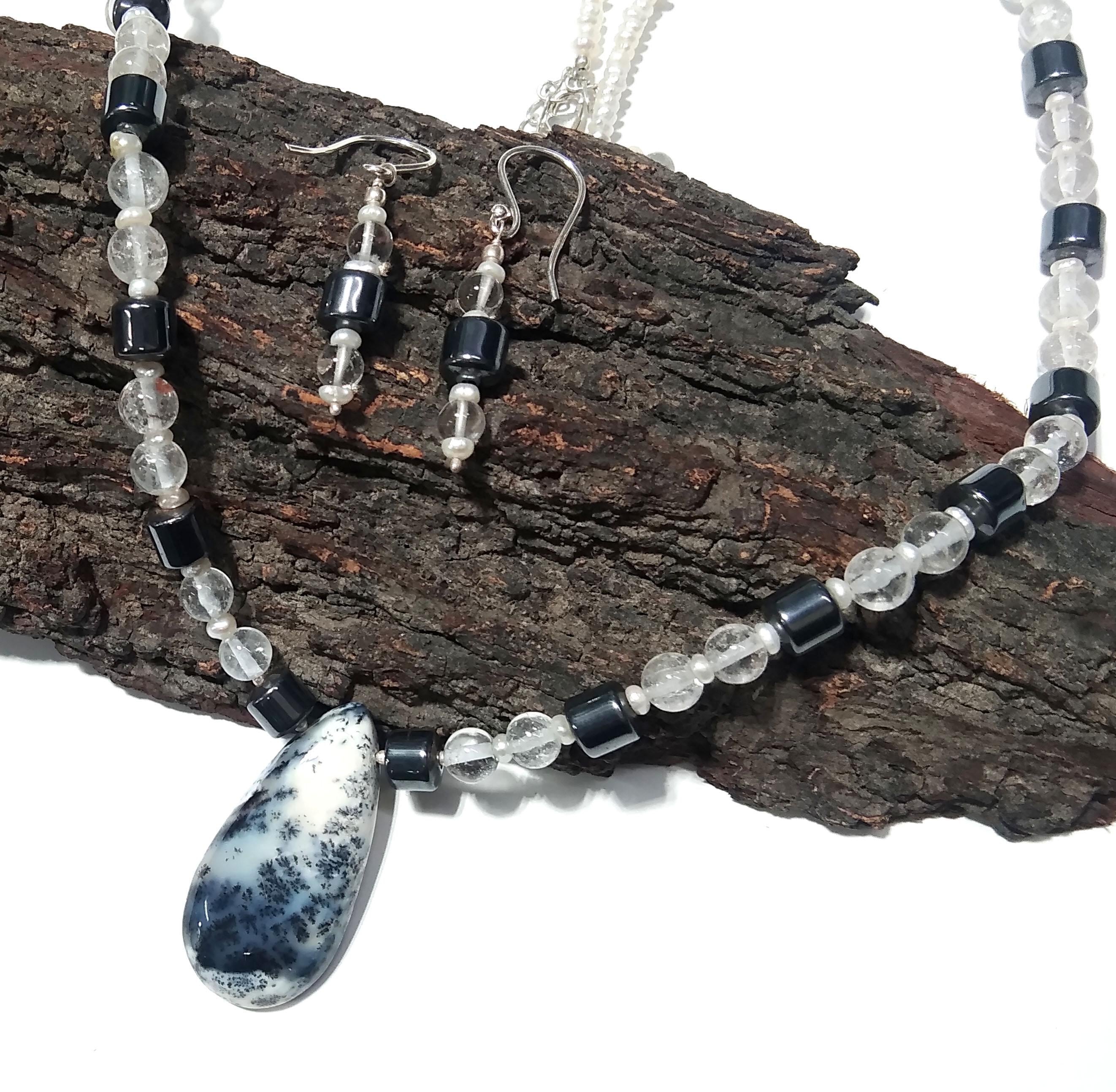 Natural Dendrite Opal/Crystal Gemstone Beads Necklace Set Jewelry, 925 Sterling Silver Necklace, Beaded Necklace Statement for Gift Jewelry