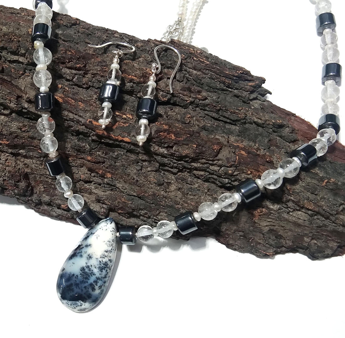 Natural Dendrite Opal/Crystal Gemstone Beads Necklace Set Jewelry, 925 Sterling Silver Necklace, Beaded Necklace Statement for Gift Jewelry