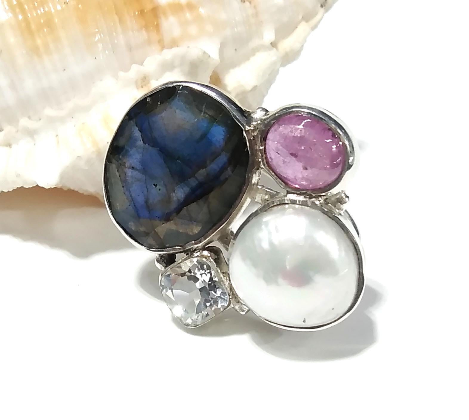 All Natural Gemstone Rings, Freshwater Pearl, Labradorite, Ruby & White Topaz Ring, 925 Starling Silver Ring, Handmade Silver Ring Jewelry
