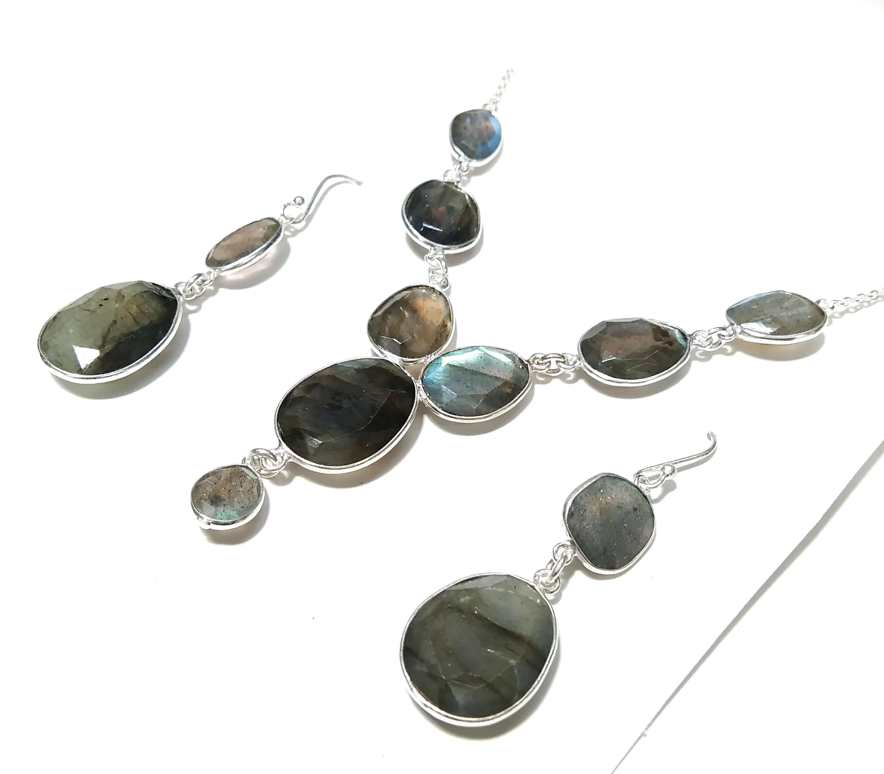 Natural Labradorite Multi Fire Gemstone Necklace Earring Jewelry Set, 925 Sterling Silver Necklace Earring, Handmade Jewelry Gift For Women