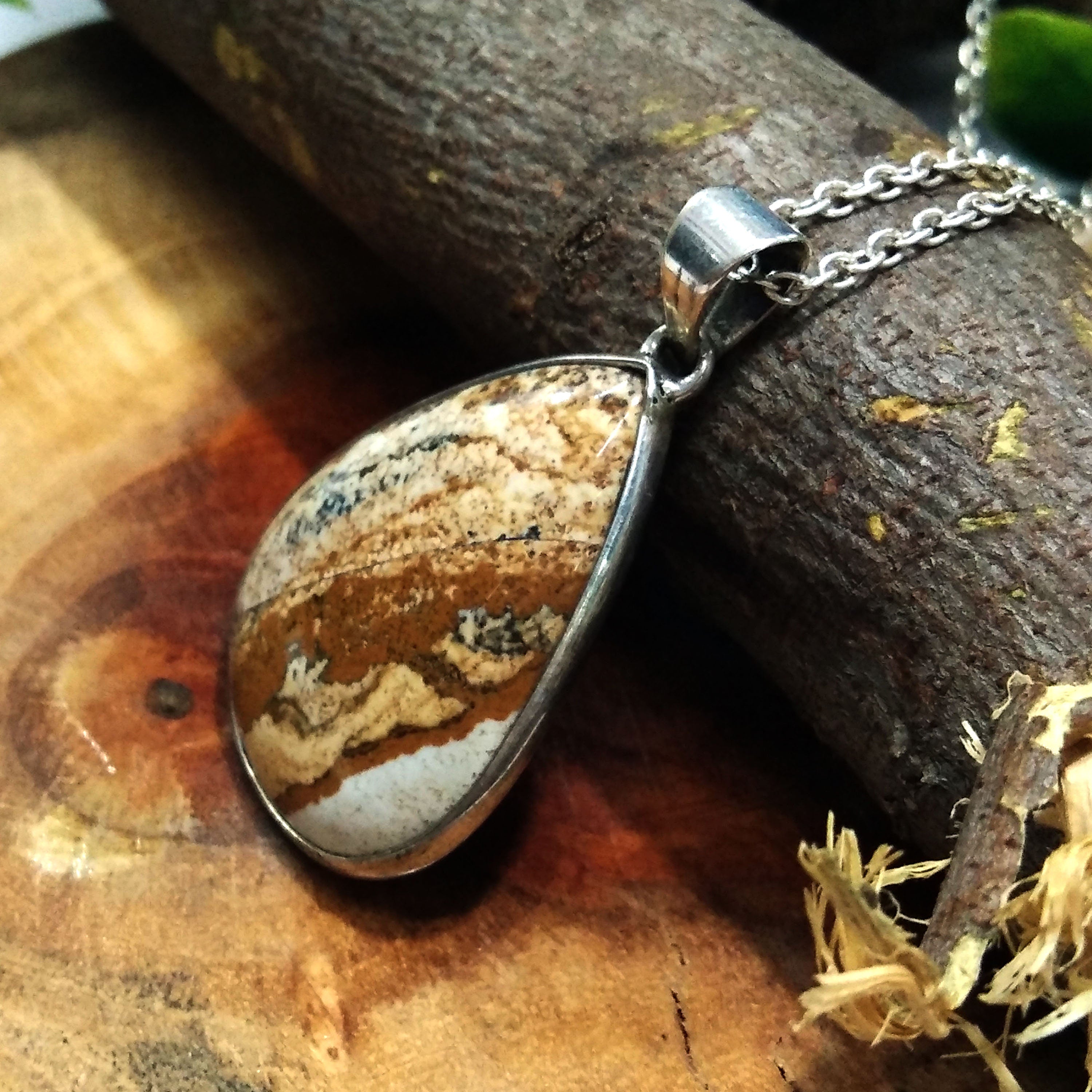 Natural Picture Jasper Stone Chain Pendant Necklace, 925 Starling Silver Pendant Necklace, Handmade Jewelry Stone Size 30x23mm Gift Pendant