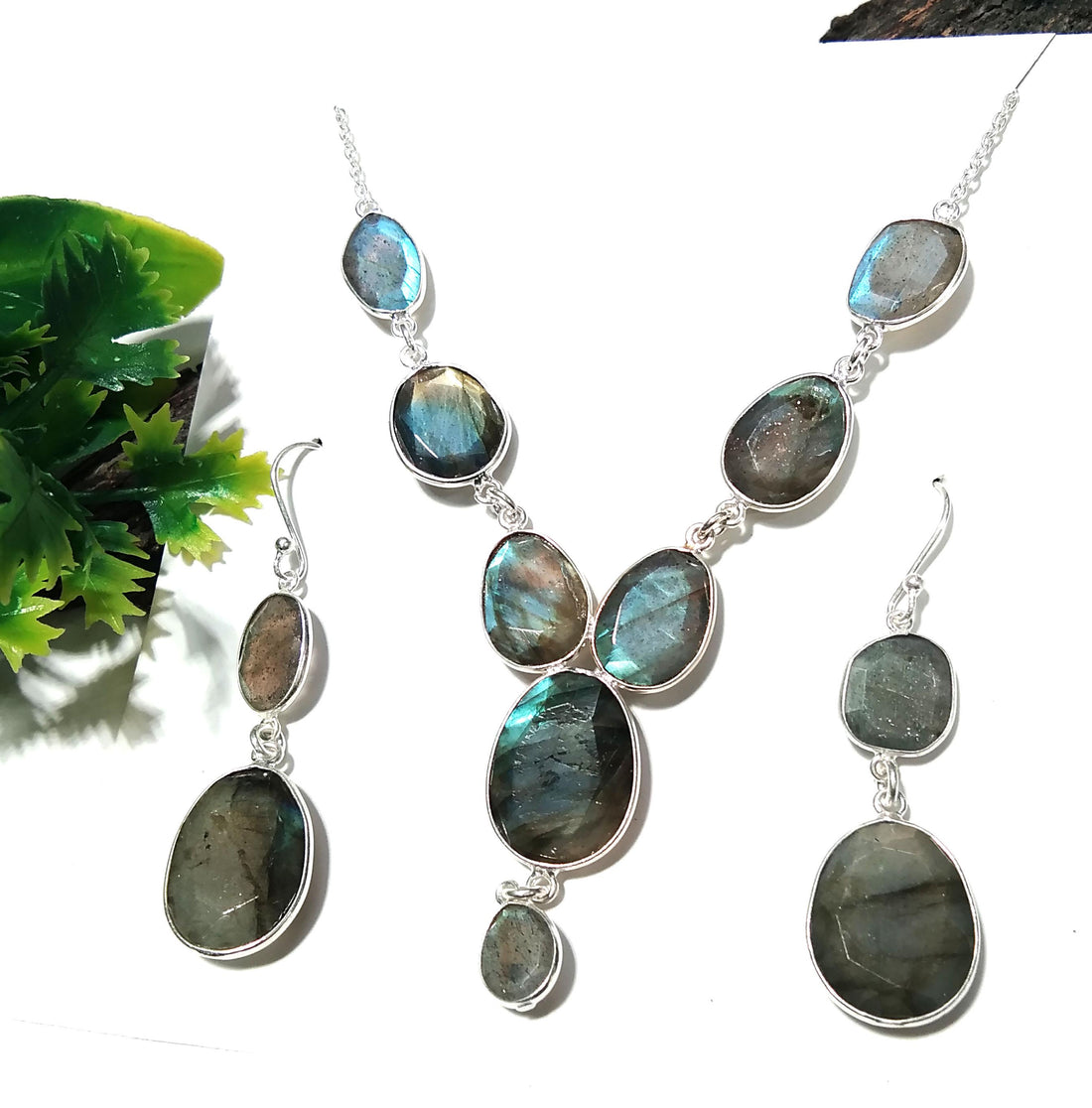 Natural Labradorite Multi Fire Gemstone Necklace Earring Jewelry Set, 925 Sterling Silver Necklace Earring, Handmade Jewelry Gift For Women