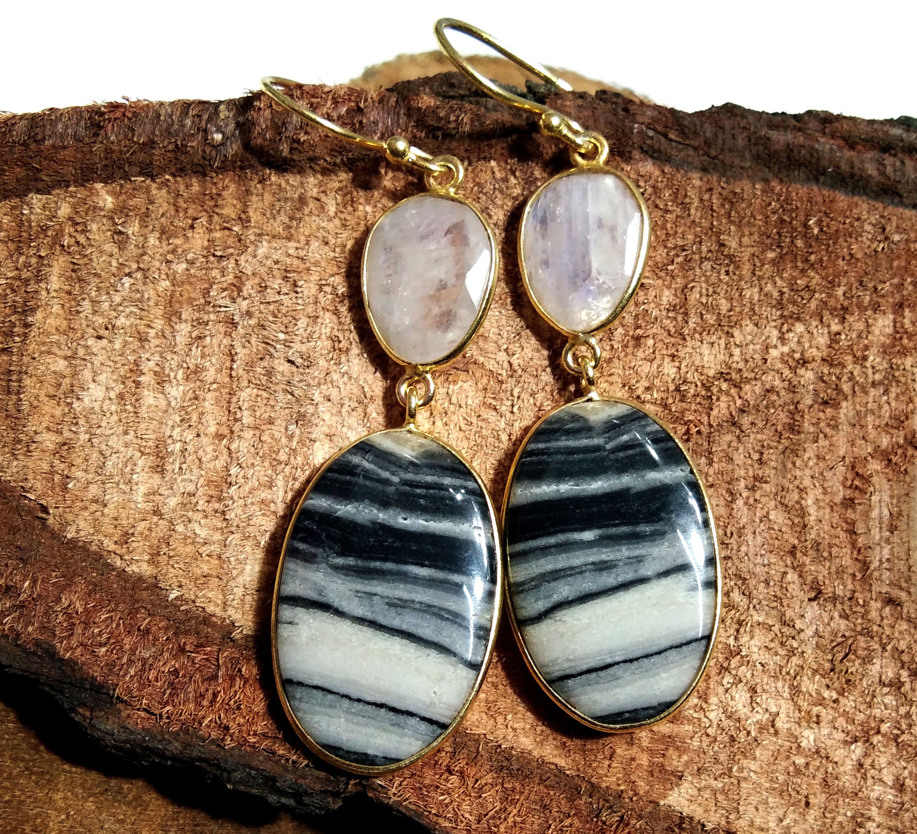 Natural Stone Zebra Jasper & Rainbow Moonstone Earring, 925 Starling Silver With Gold Plated Earring, Bezel Handmade Earring For Girls/Women