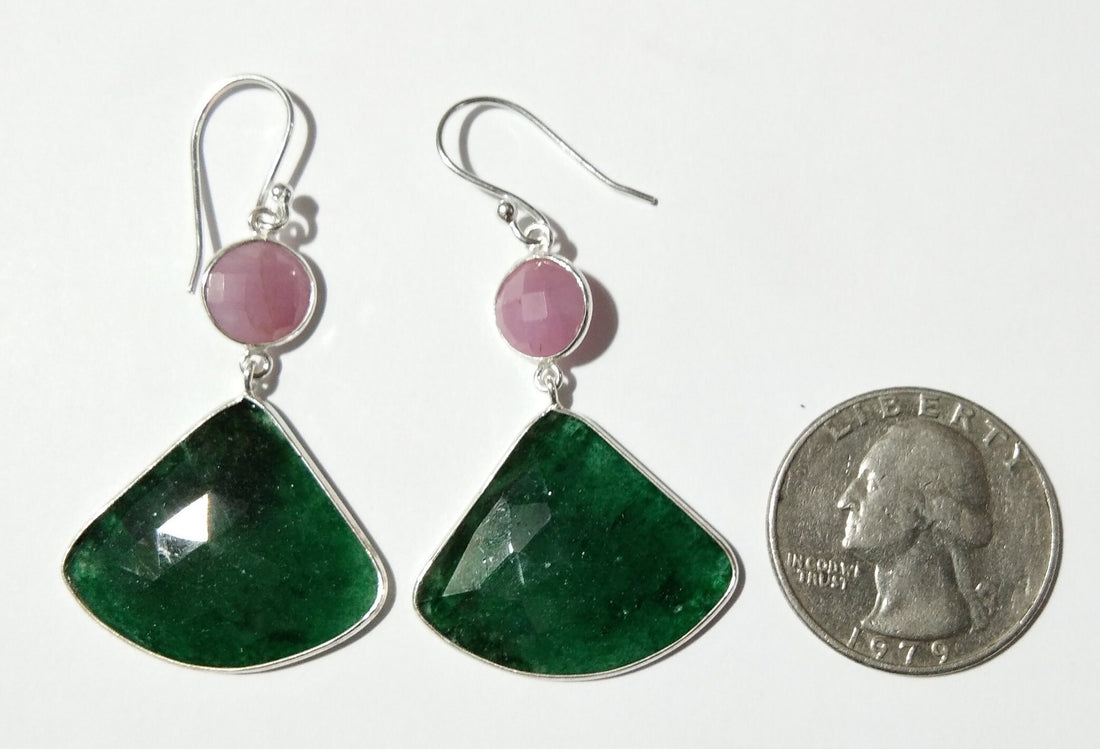 Beautiful Nice Earring, Pink Sapphire, Green Jade All Natural Gemstone Faceted With 925 Starling Silver Earring, Handmade Bezel Earring.