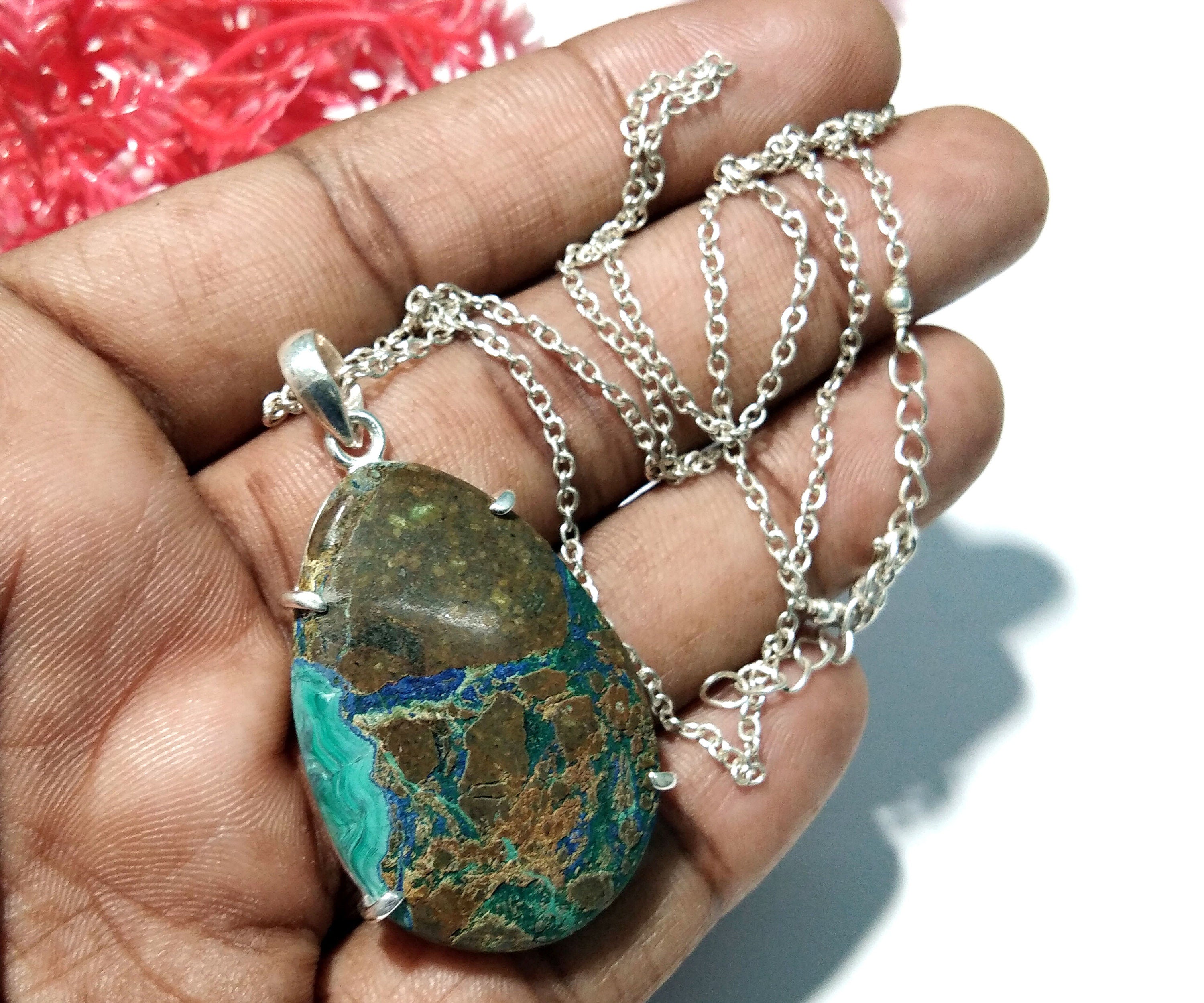 Azurite Malachite Gemstone Chain Pendant, 925 Silver Pendant, Jewelry Handmade, Natural Azurite Malachite Pendant, Gift Birthday Pendant