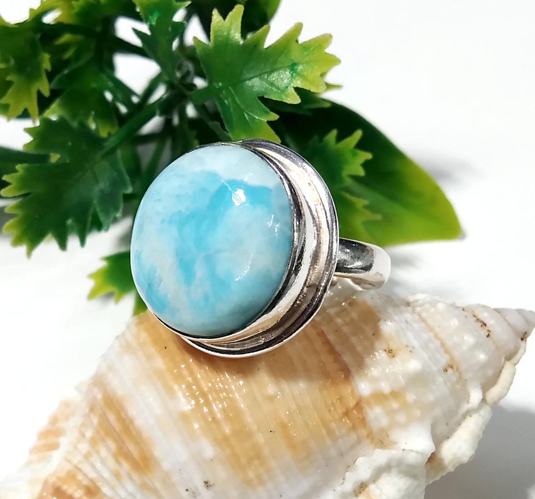 Natural Larimar Gemstone Ring, 925 Solid Starling Silver Ring Jewelry, Round Shape Stone Size 18x18 mm Handmade Silver Jewelry Ring