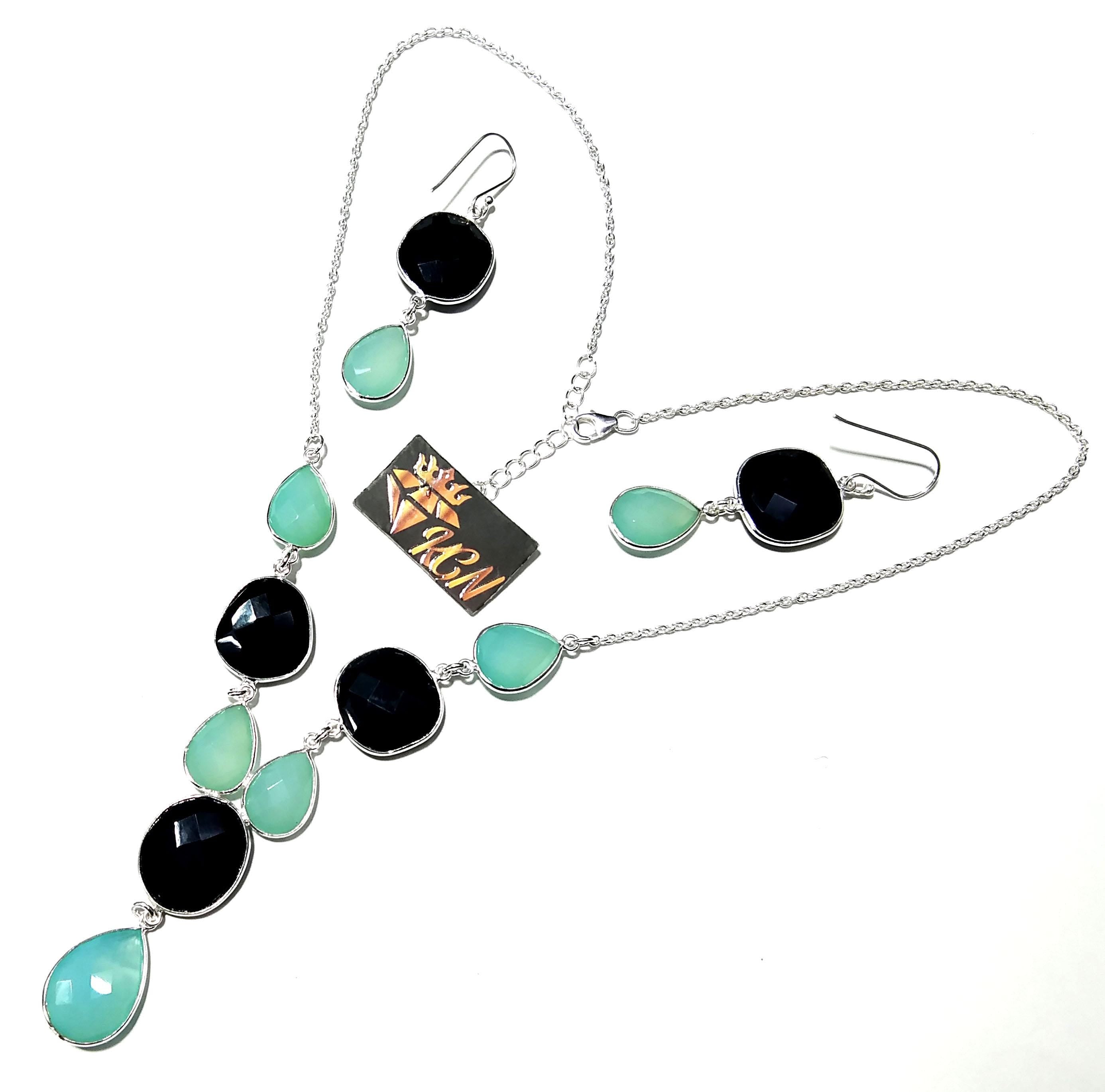 Natural Black Onyx & Chalcedony Stone Drop Earring And Necklace Jewelry Set, 925 Solid Sterling Silver Necklace Earring Jewelry Gift For Her