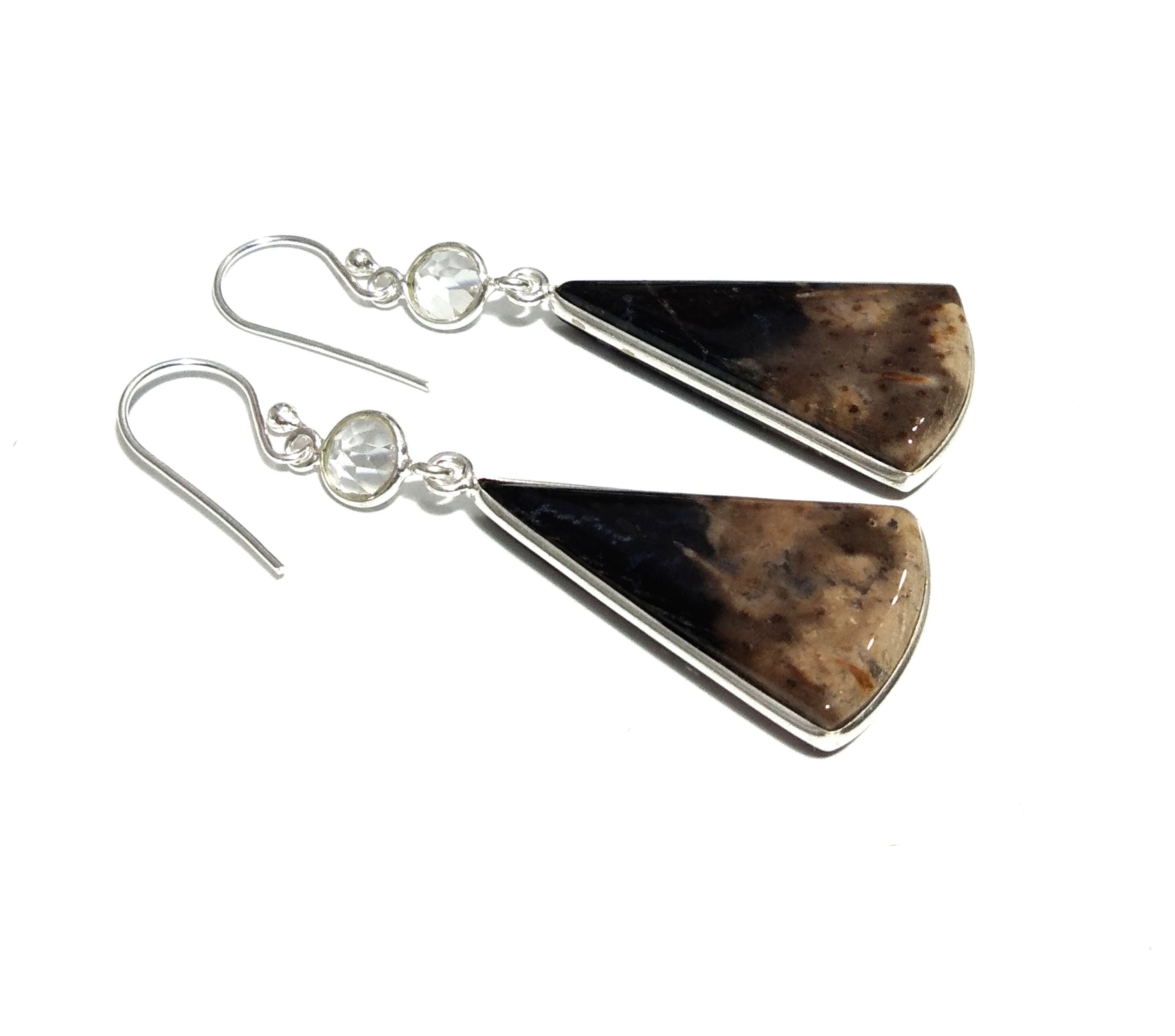 Natural Palm Root Agate/Zircon Gemstone Earring, 925 Solid Starling Silver Earring, Stone Size 31x18 mm Drop Earrings, Birthday Gift Women.
