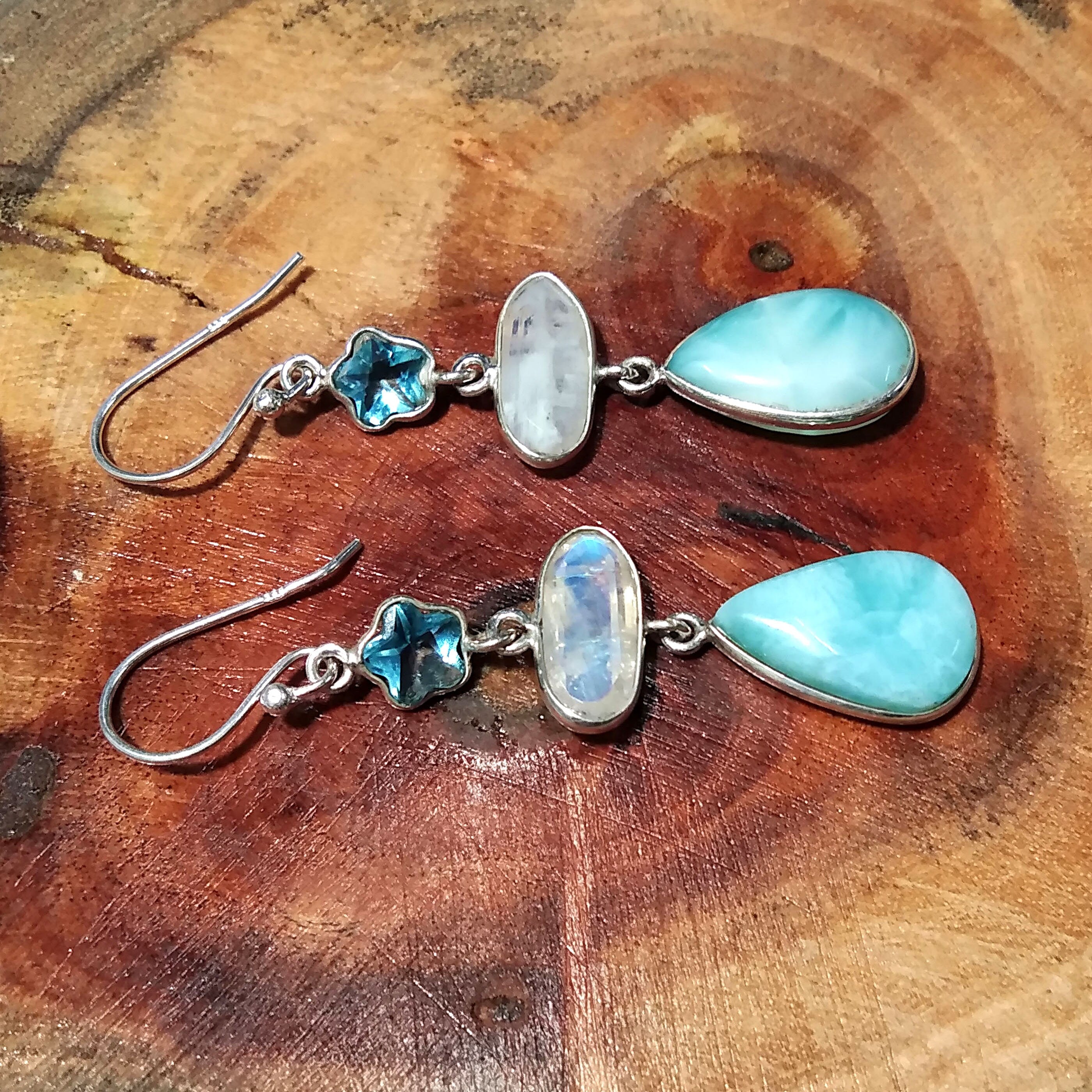Natural Larimar,Rainbow Moonstone,Blue Topaz Stone Drop Earring, 925 Starling Silver Earring, Larimar Gemstone Wedding Earring, For Woman