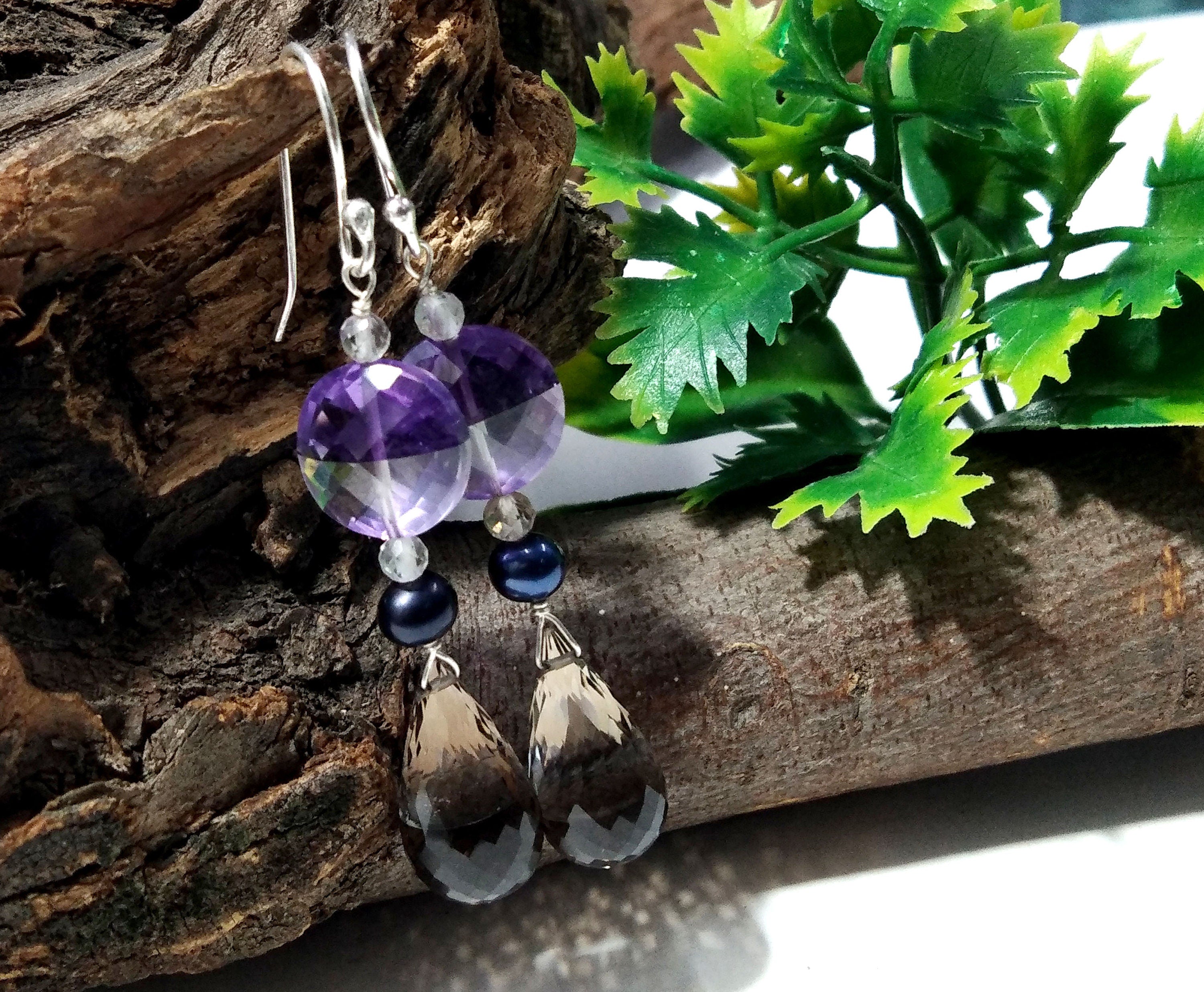 Very Fine Quality Amazing Color Natural Doublet Gemstone Amethyst, Crystal & Smoky Quartz With 925 Silver Multi Earring For Girls/Women Gift