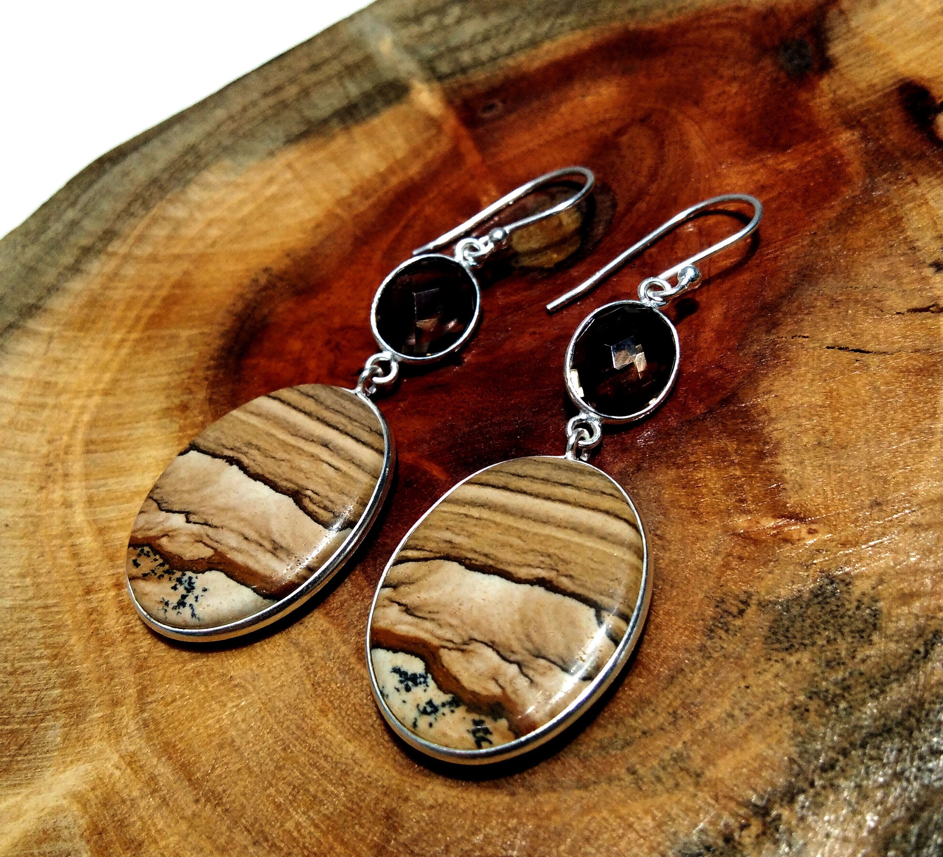 Natural Picture Jasper Earring Gemstone, 925 Solid Starling Silver Earring Jewelry Oval Shape Stone Size 24x19 mm Jasper For Gift Earring