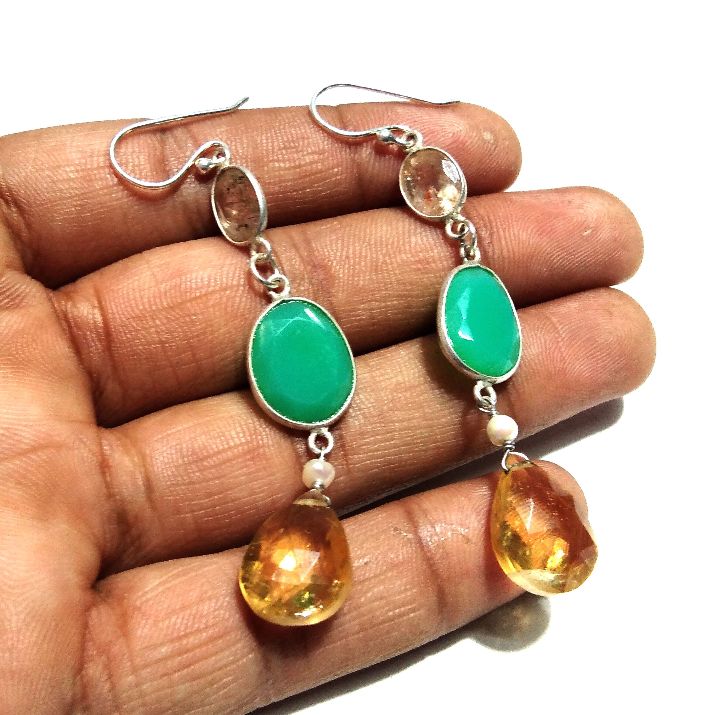 Natural Chrysoprase/Citrine Earring, 925 Solid Starling Silver Earring, Chrysoprase Stone Handmade Jewelry for Gift Women Earring