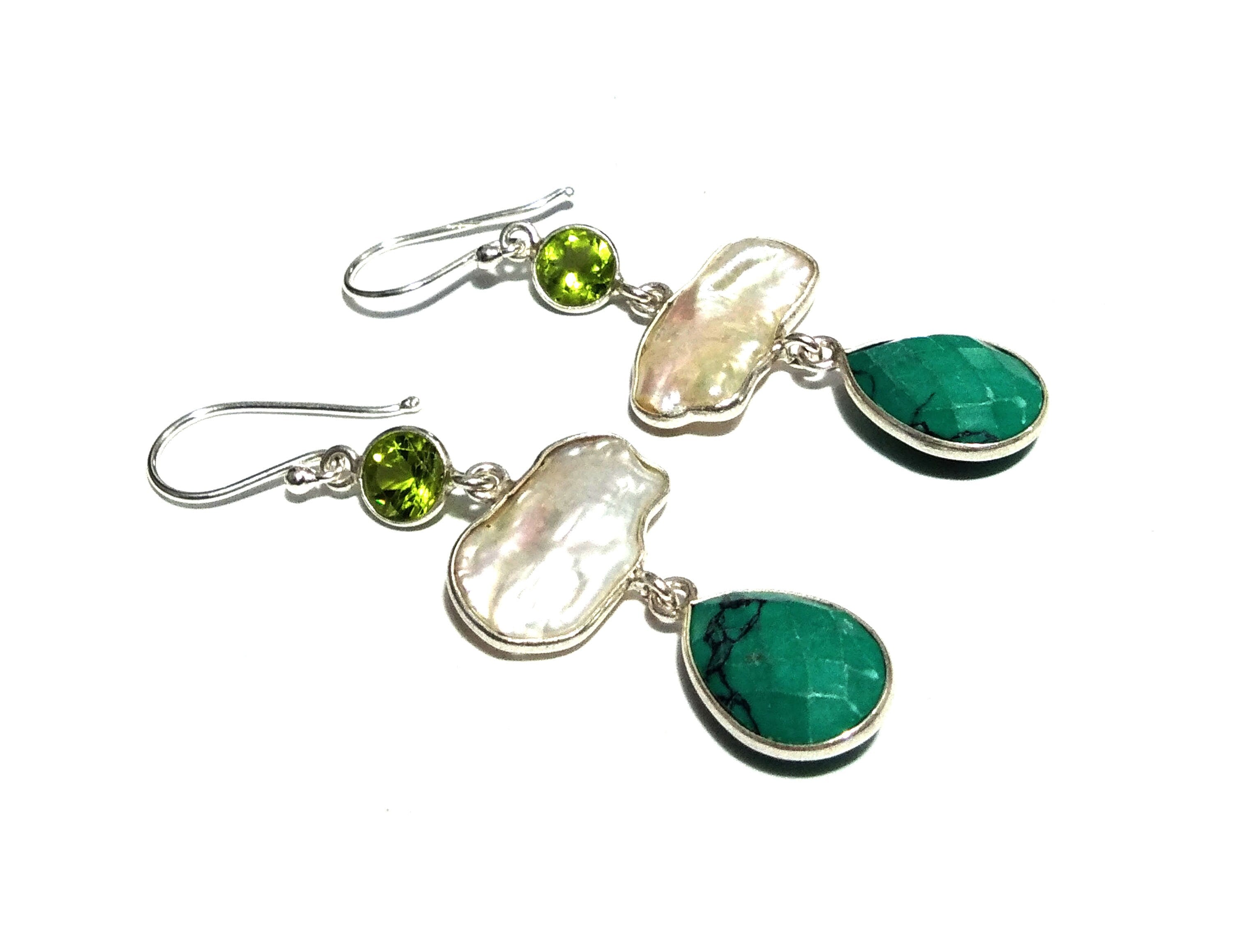 Natural Fresh Water Baroque Pearl/Peridot/Turquoise Stone Drop Earring, 925 Solid Starling Silver Earring, Gemstone Gift Wedding Earring