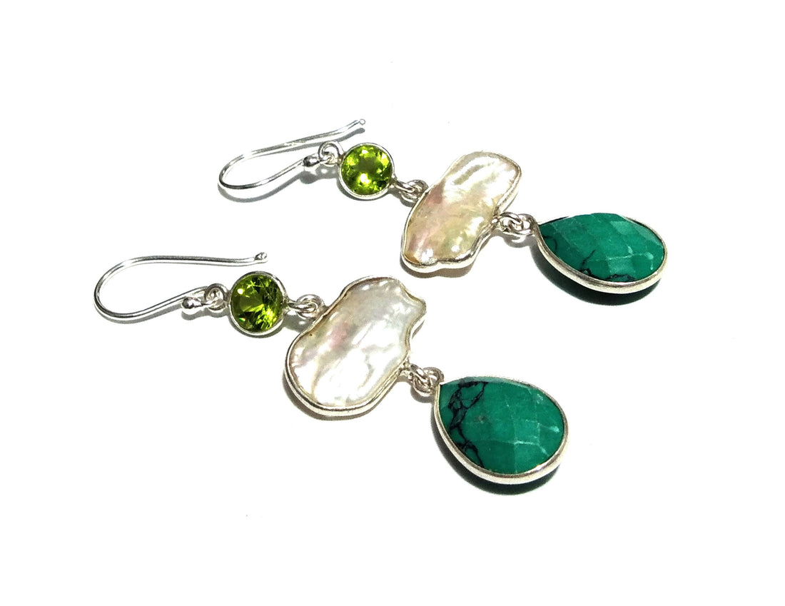 Natural Fresh Water Baroque Pearl/Peridot/Turquoise Stone Drop Earring, 925 Solid Starling Silver Earring, Gemstone Gift Wedding Earring