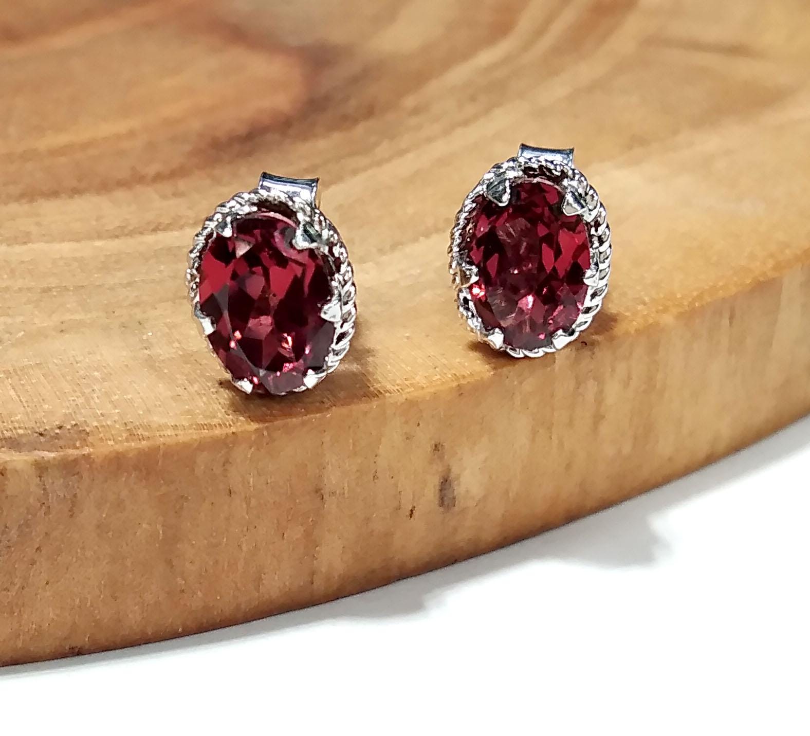 Natural Garnet Stud Earrings, 925 Starling Silver Earring Jewelry, Red Garnet Gemstone Oval Shape Stone Size 7x5 mm Christmas Gift For Her