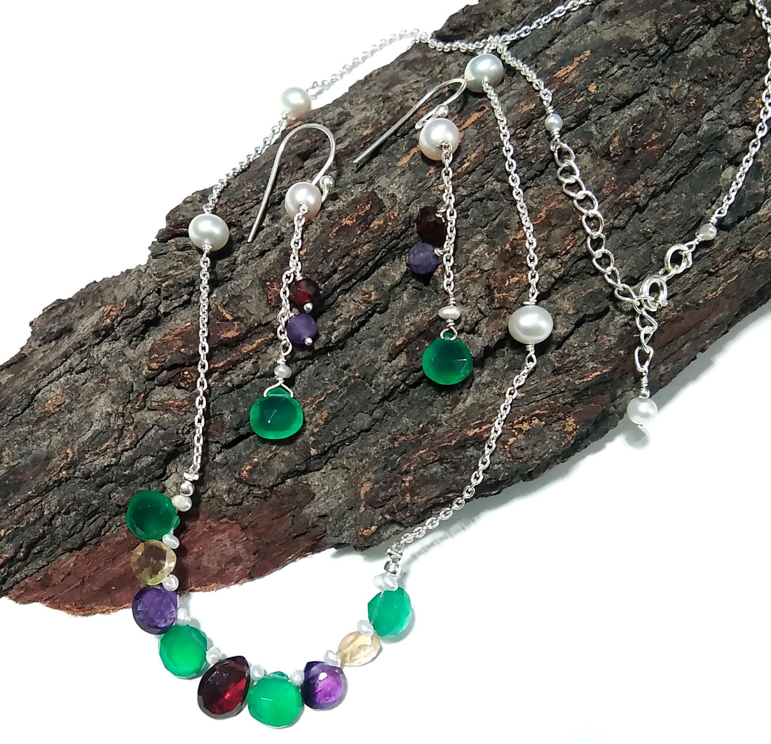 Natural Amethyst /Garnet/Green Onyx Leamon Quartz Necklace Earring Jewelry Set, 925 Sterling Silver Necklace Earrings Jewelry Gift For Her
