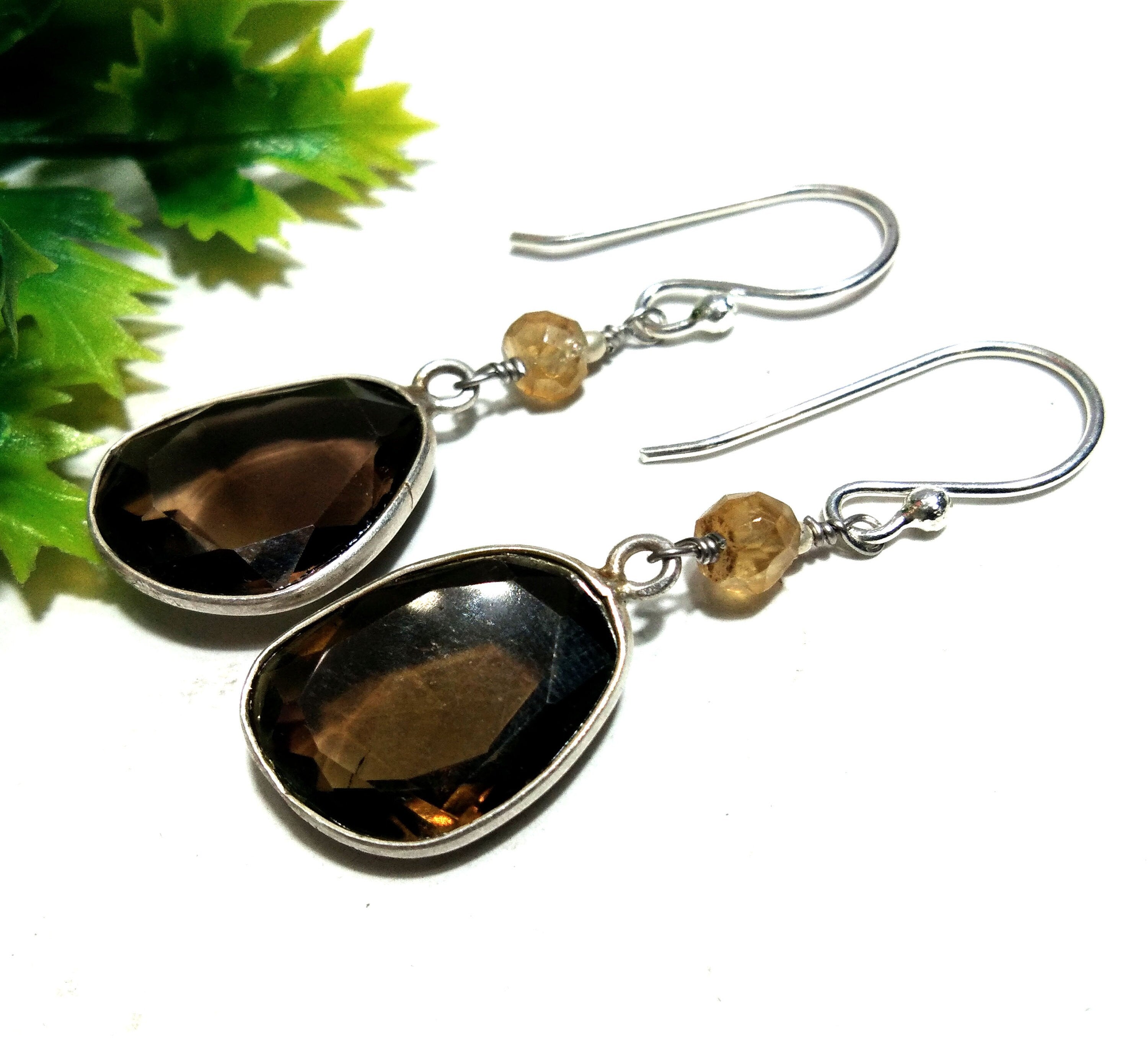 Natural Gemstone Smoky Quartz & Citrine Earrings, 925 Sterling Silver Earring, Handmade Making Bezel Earring, For Girls/Women Gift Jewelry