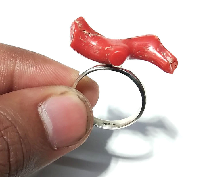 Natural Rough Red Coral Stone Ring, 925 Solid Sterling Silver Ring, Red Color Coral Stone Size 26x9 mm Handmade Ring, Gift Wedding Ring