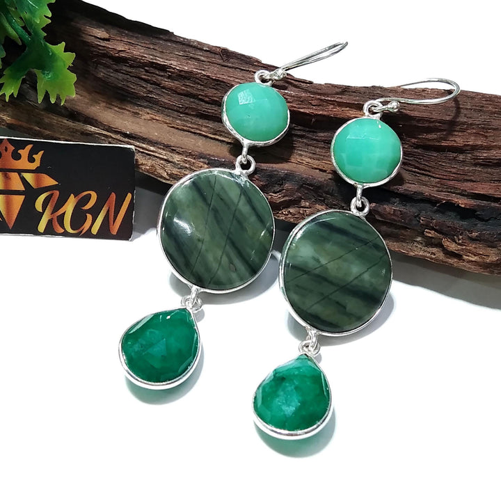 Natural Chrysoprase,Green Jasper,Emerald Stone Drop Earring, 925 Solid Starling Silver Earring, Gift Wedding Earring, For Girls & Women.