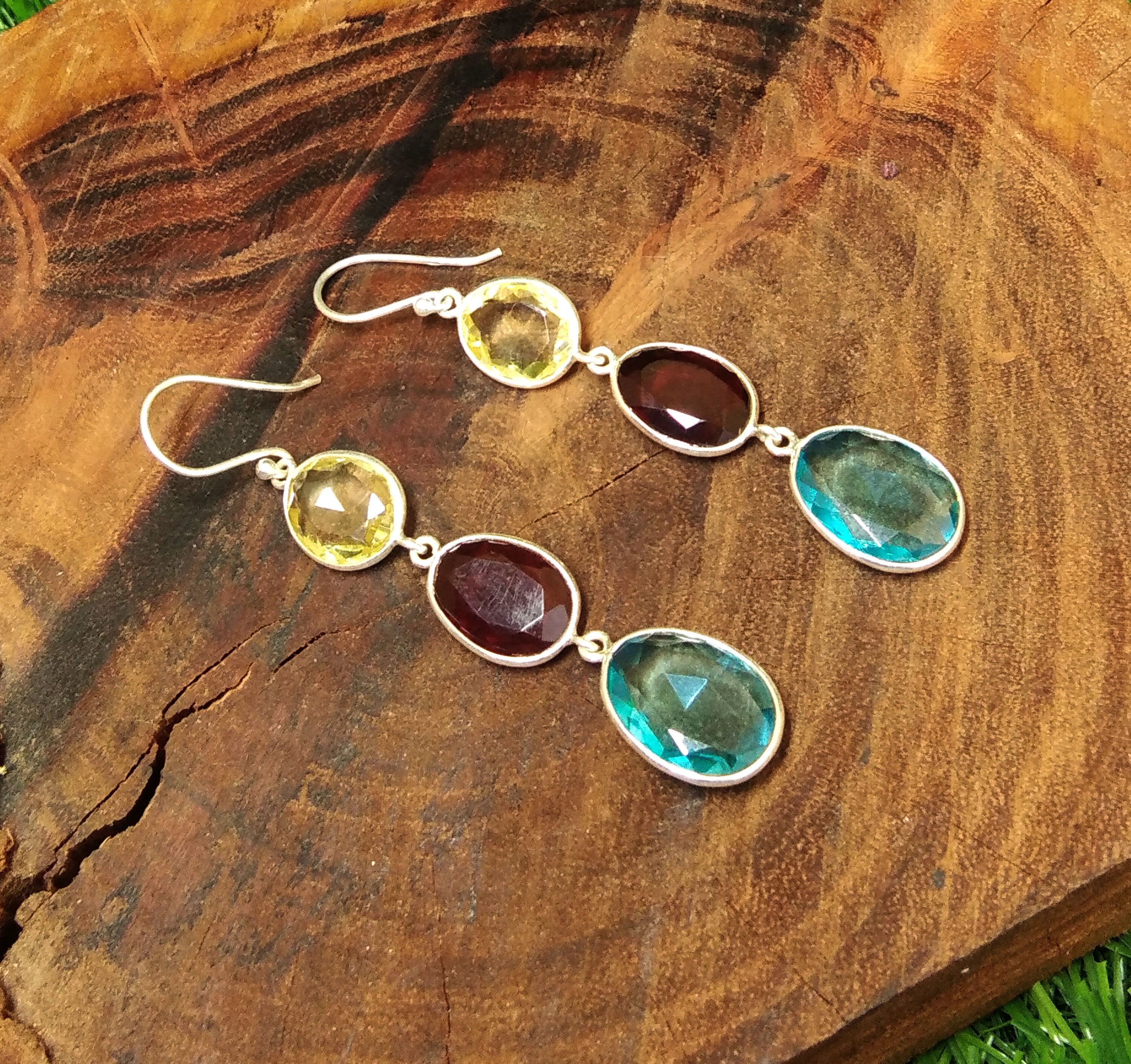 Natural Lemon Quartz/Topaz/Garnet Stone Earring, 925 Solid Starling Silver Earring, Mix Stone Fancy Shape Stone Size 15x12 mm to 12x10 mm