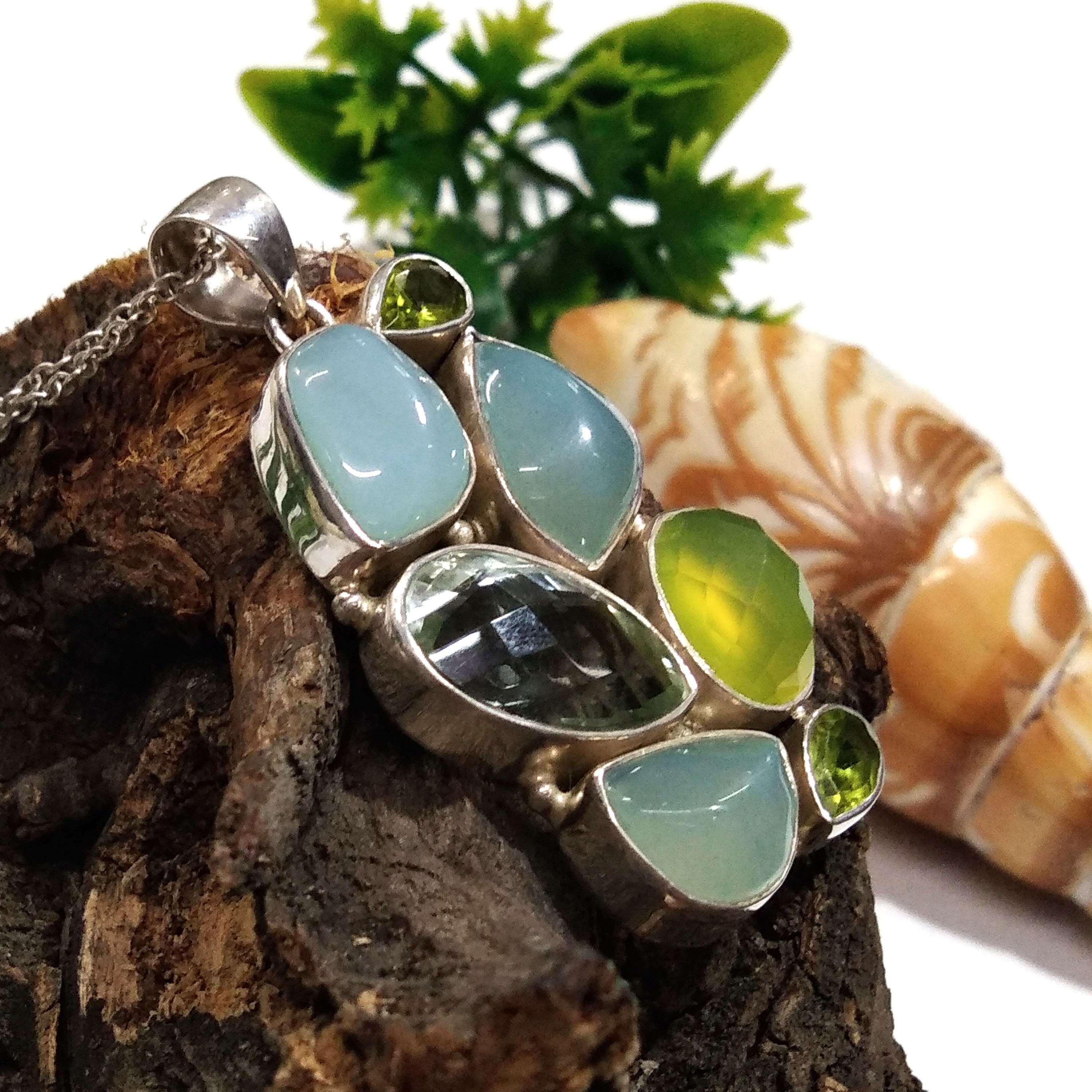Natural Aqua Chalcedony,Green Amethyst,Peridot Gemstone Pendant Necklace Chain, 925 Starling Silver Pendant Necklace, Handmade Stone Pendant