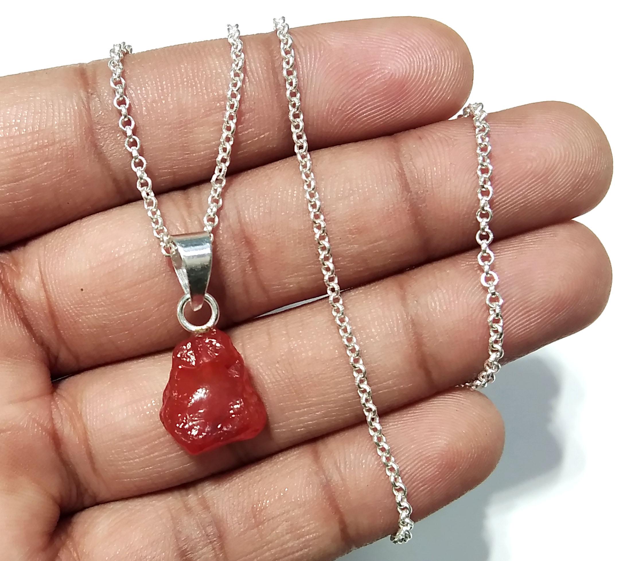 Natural Gemstone Rough Carnelian Pendant Necklace Chain, 925 Starling Silver Carnelian Pendant Chain Necklace Jewelry Stone Size 13x12 mm