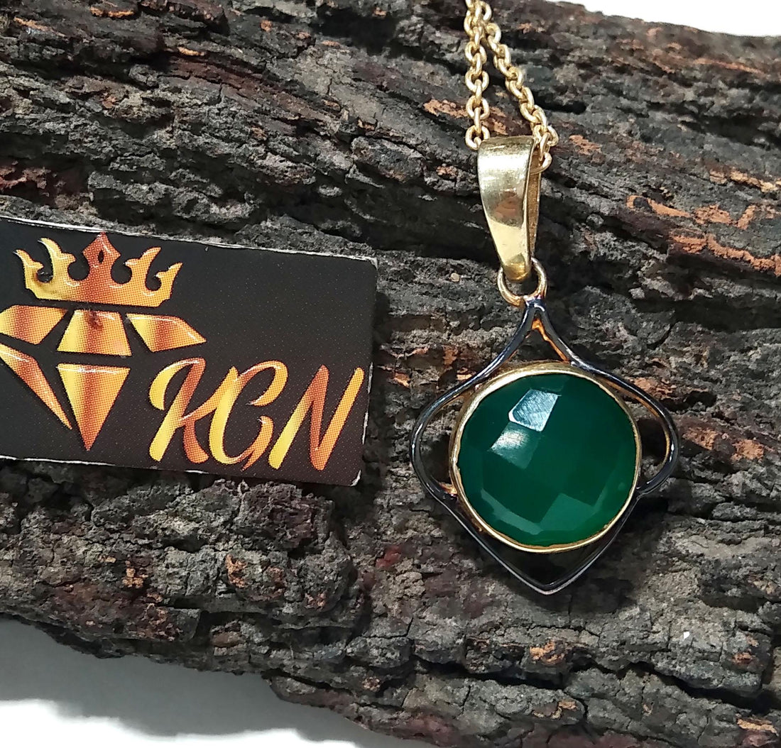 Natural Green Onyx Checker Cut Stone Chain Pendant, 925 Starling Silver Gold/Black Plated Pendant Jewelry Round Shape Gift Easter Pendant