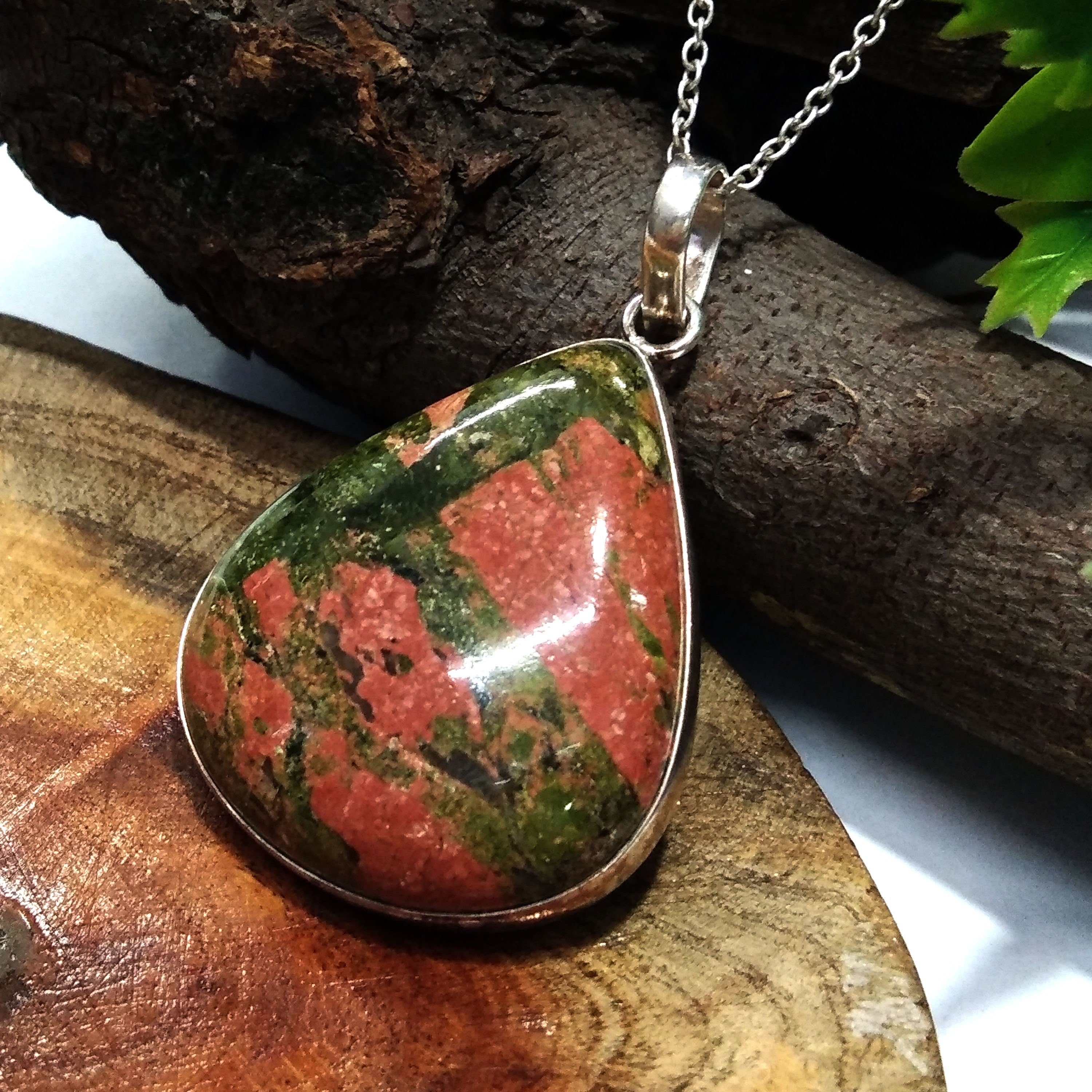 Natural Unakite Gemstone Pendant Chain Necklace, 925 Starling Silver Pendant Necklace, Handmade Jewelry Stone Size 36x31 mm Gift Pendant