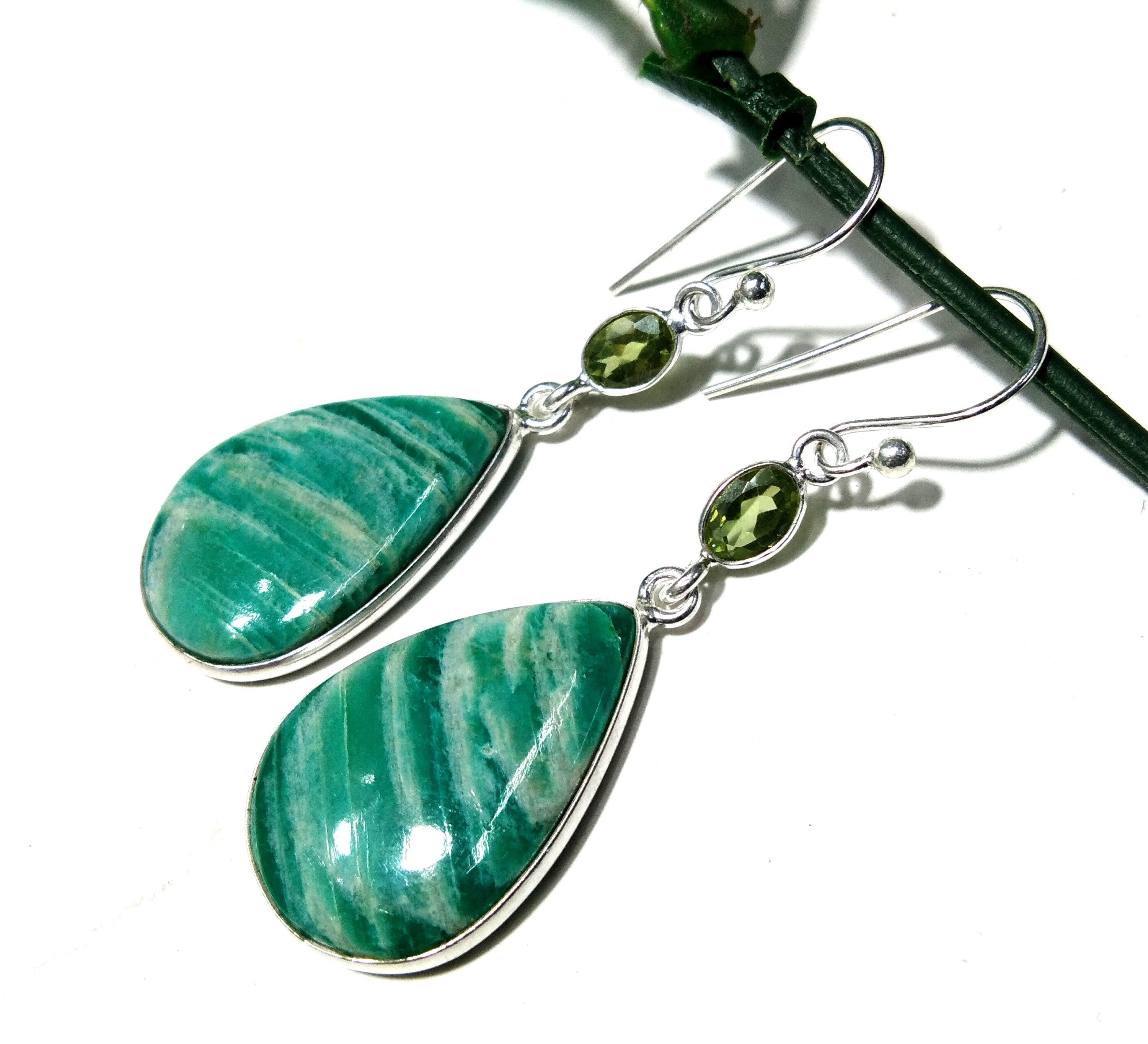 Natural Amazonite/Peridot Earring, Teardrop Amazonite Earring, 925 Silver In Gemstone Earring, Handmade Jewelry, Birthday Gift, Mother Gift