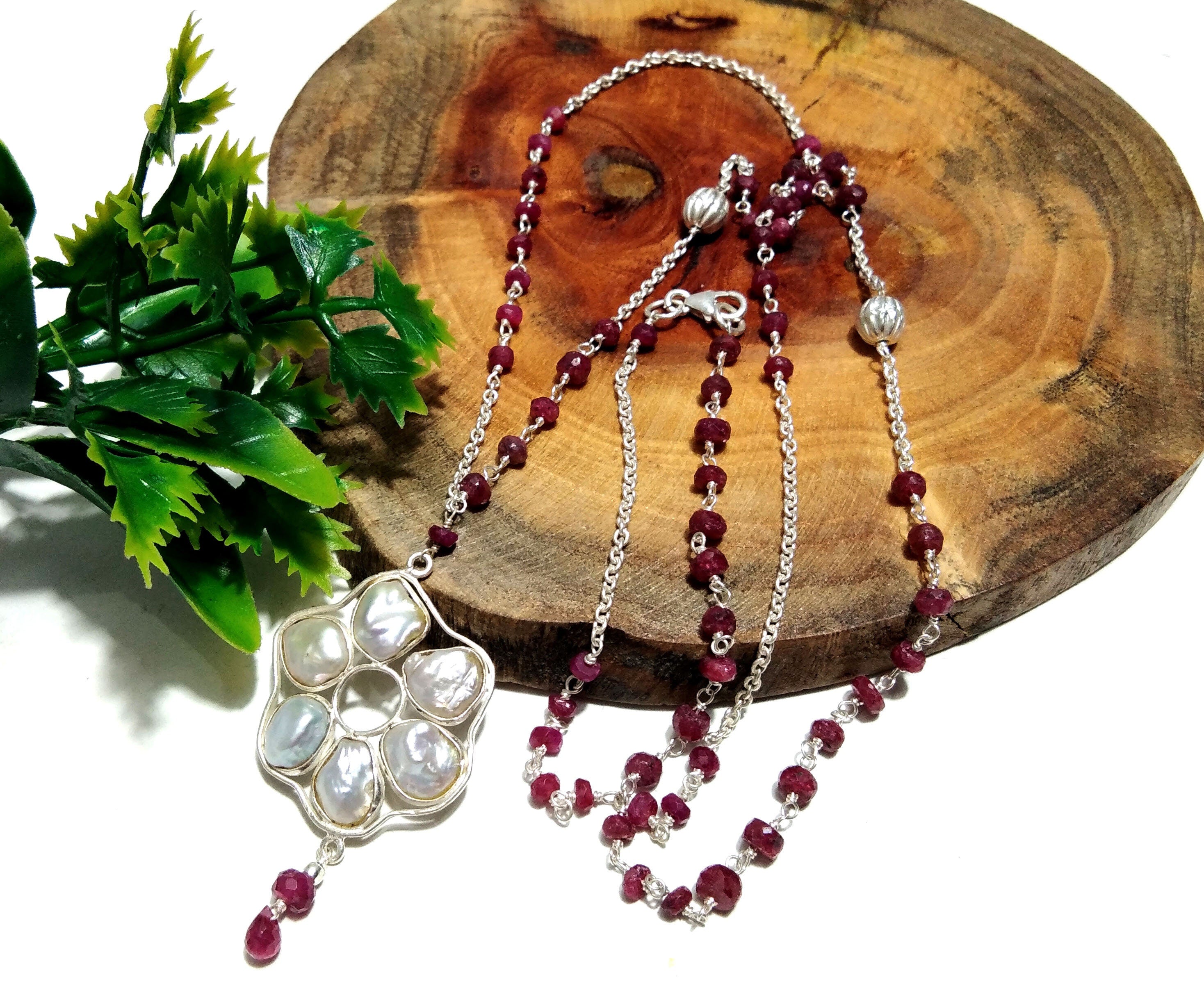 Log Chain Necklace, Natural Baroque Pearl & Red Ruby Necklace, 925 Starling Silver Log Chain Necklace,36''Inches Adjuster Chain Necklace